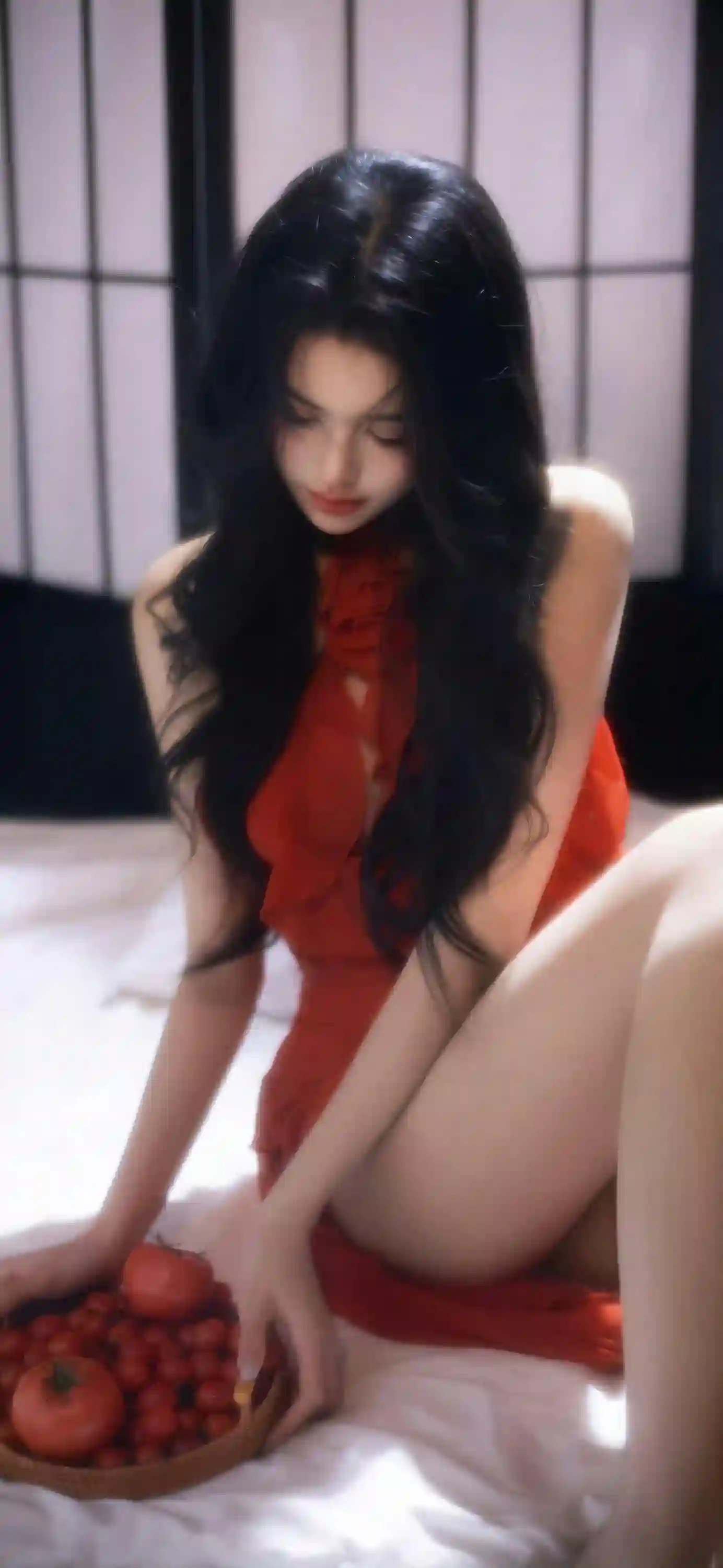 长发性感美女 红色长裙