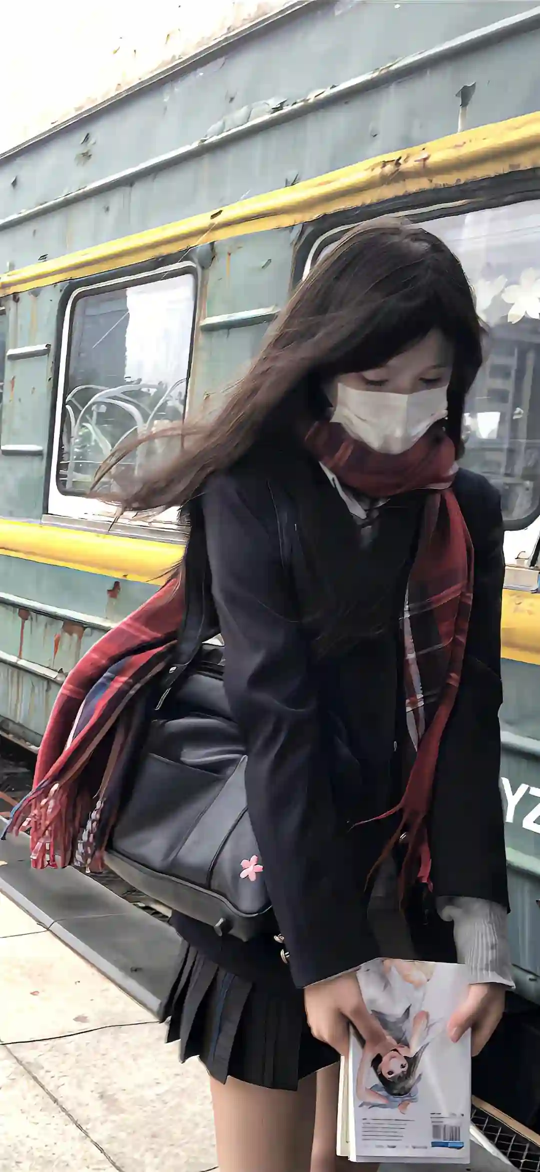 JK 美女 长发美女 绿皮火车 户外场景