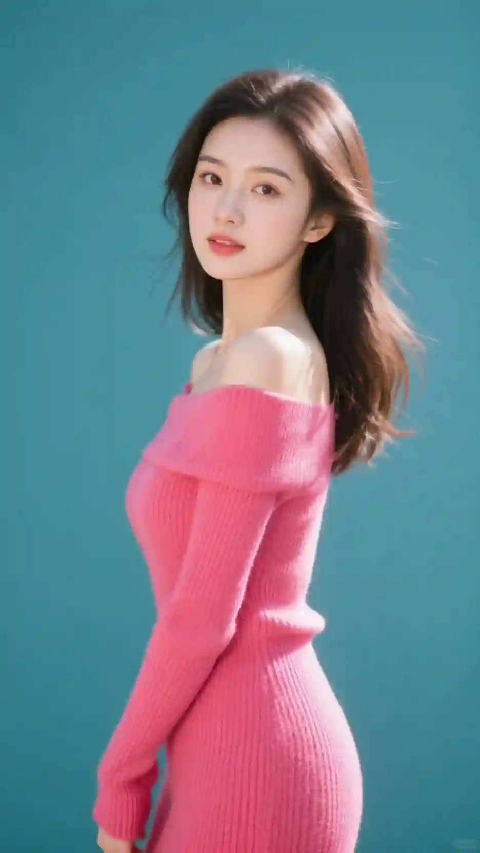 美女小姐姐，漂亮脸蛋，时尚服饰，穿玫红色色毛衣裙，露单肩，性感丰满，阳光透射过头发丝，轮廓分明，肤白貌美，高清，庄雅，画面质感佳，远景，背景纯色，光线明亮，人物摄影写真。