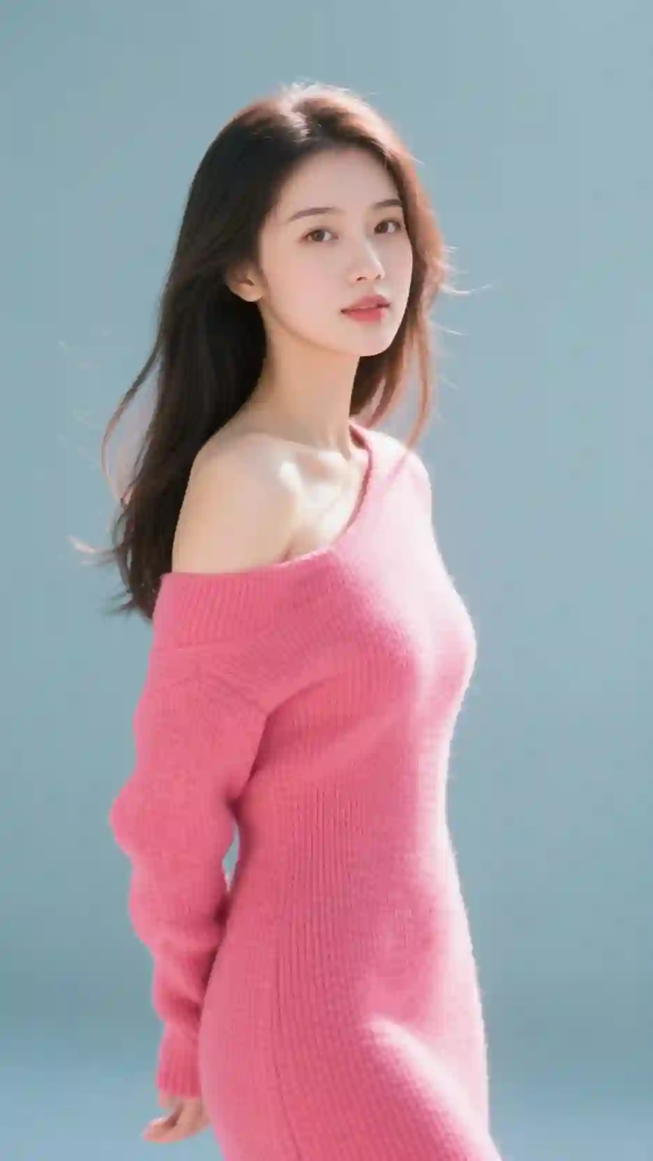 美女小姐姐，漂亮脸蛋，时尚服饰，穿玫红色色毛衣裙，露单肩，性感丰满，阳光透射过头发丝，轮廓分明，肤白貌美，高清，庄雅，画面质感佳，远景，背景纯色，光线明亮，人物摄影写真。