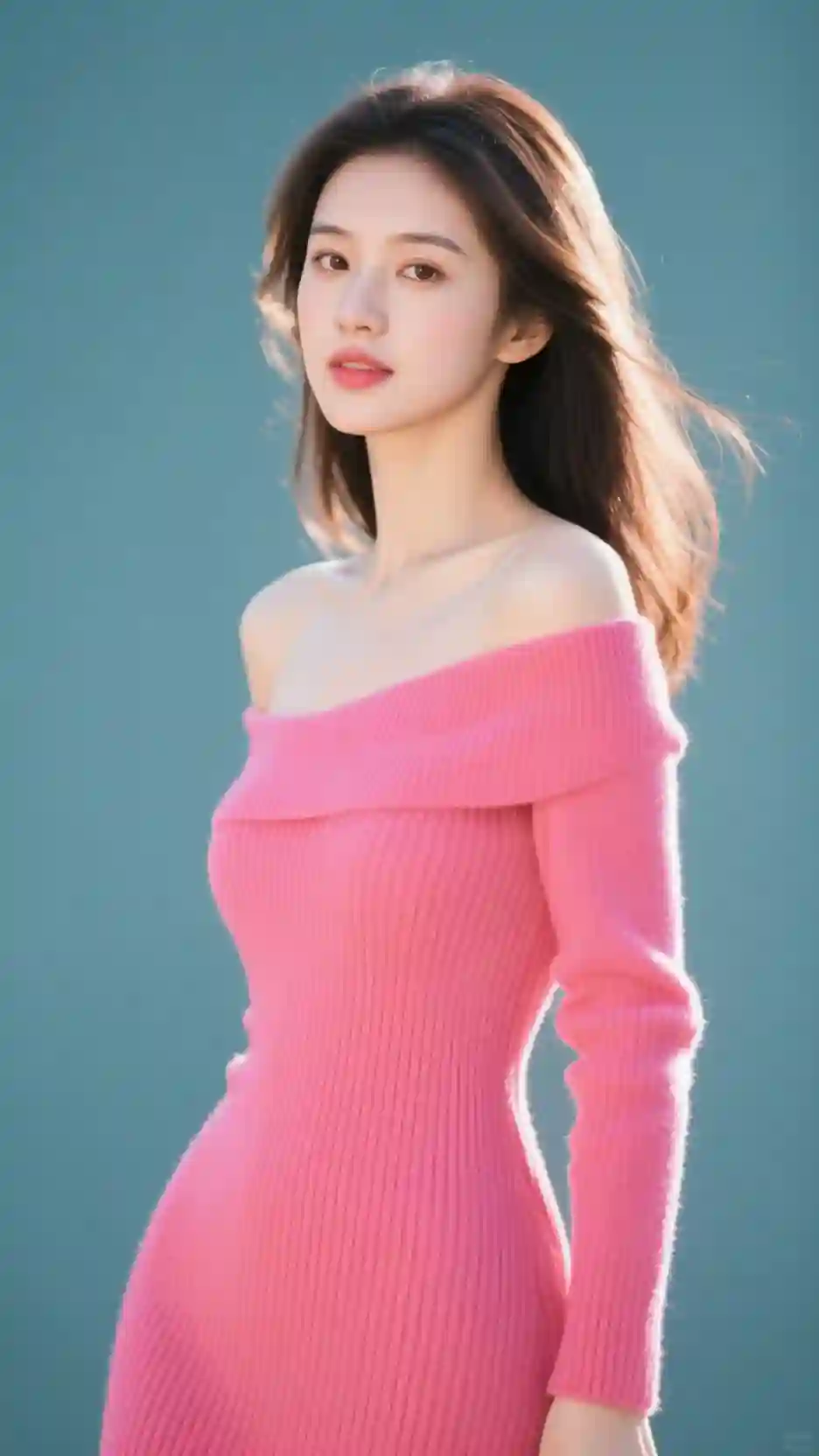 美女小姐姐，漂亮脸蛋，时尚服饰，穿玫红色色毛衣裙，露单肩，性感丰满，阳光透射过头发丝，轮廓分明，肤白貌美，高清，庄雅，画面质感佳，远景，背景纯色，光线明亮，人物摄影写真。