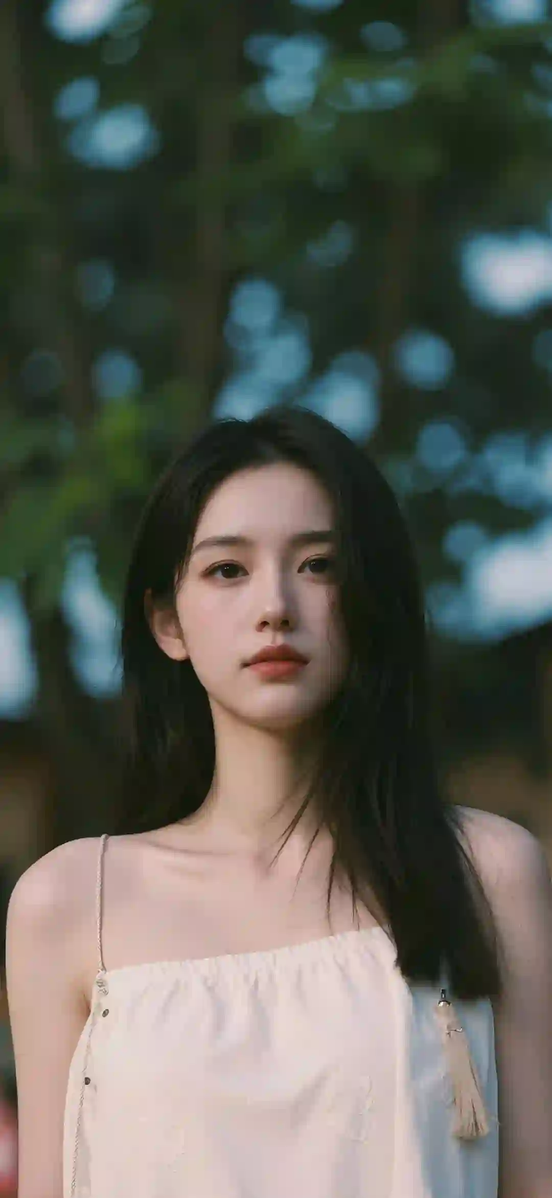 清纯少女 人像摄影 白色吊带裙 长发美女 自然光