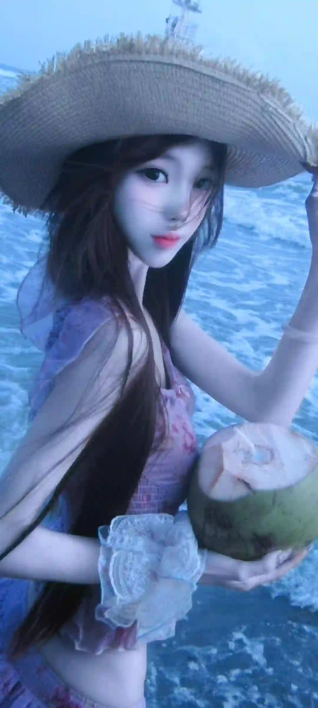海滩 草帽 椰子 少女 清新 夏日 风景