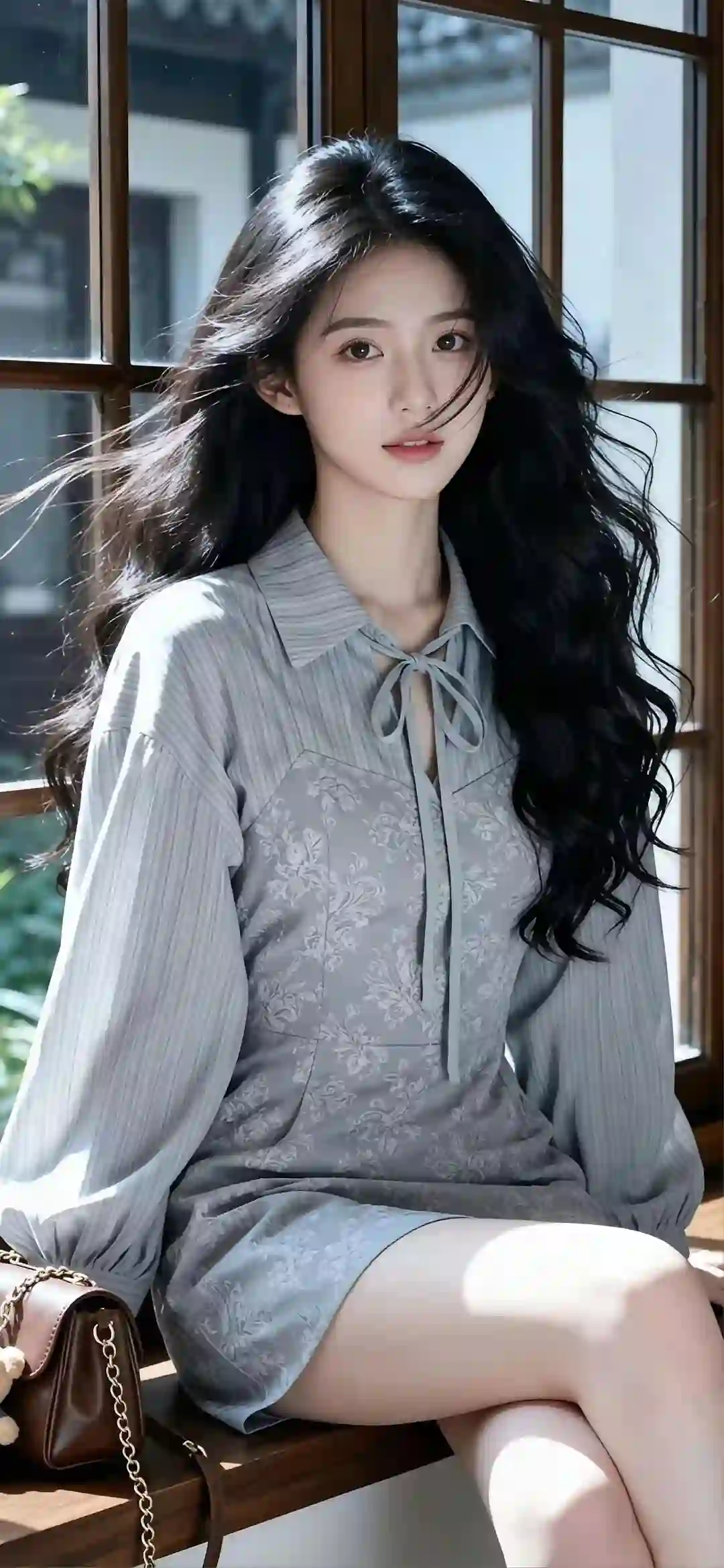 一位黑色长卷发少女穿着灰蓝色花纹长袖连衣裙，优雅地坐在窗边，阳光透过窗户洒落在身上，旁边放着棕色小链条包，整体氛围清新唯美。