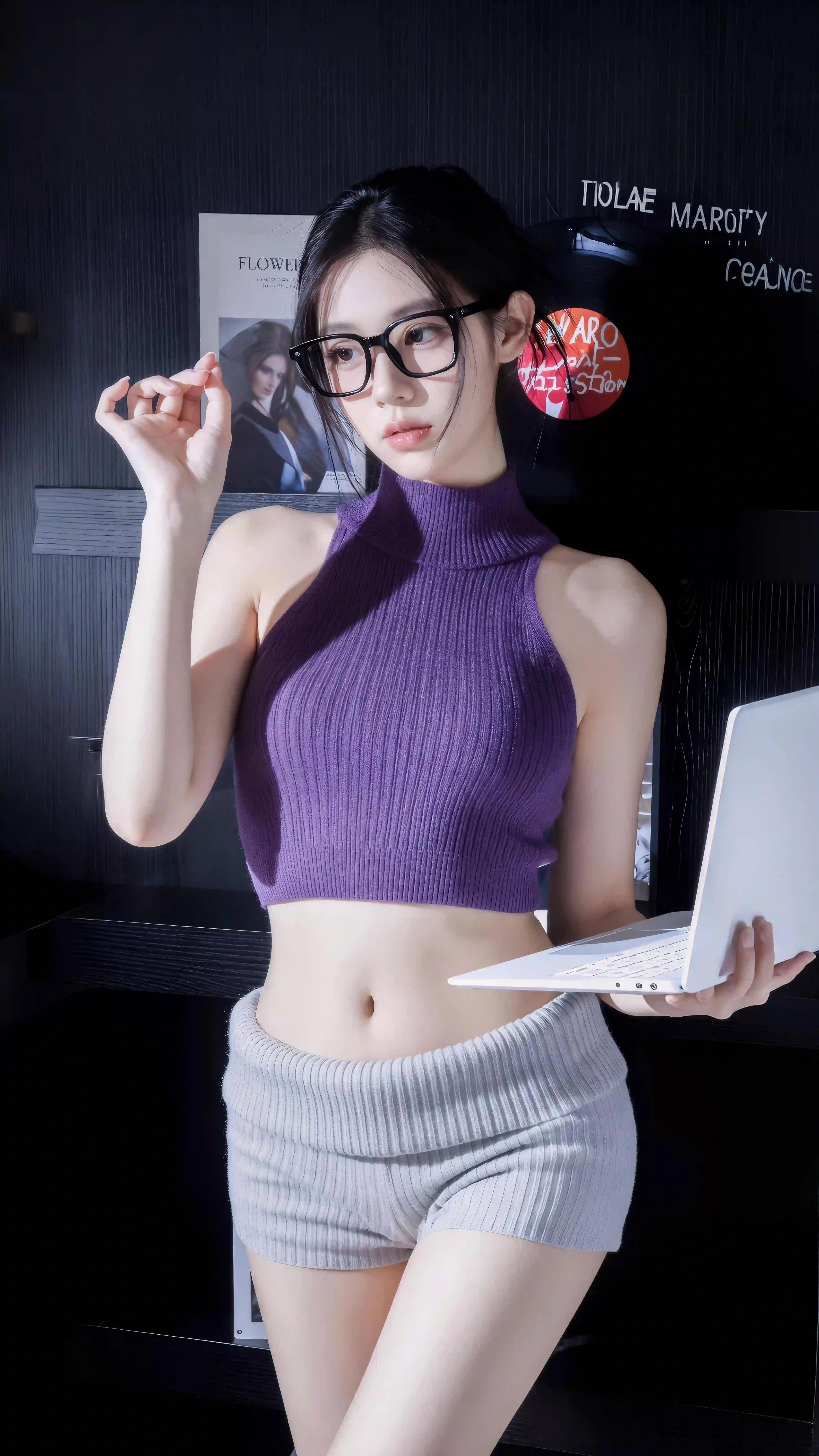 长发性感美女 紫色毛线衣服 职业穿搭 性感 眼镜