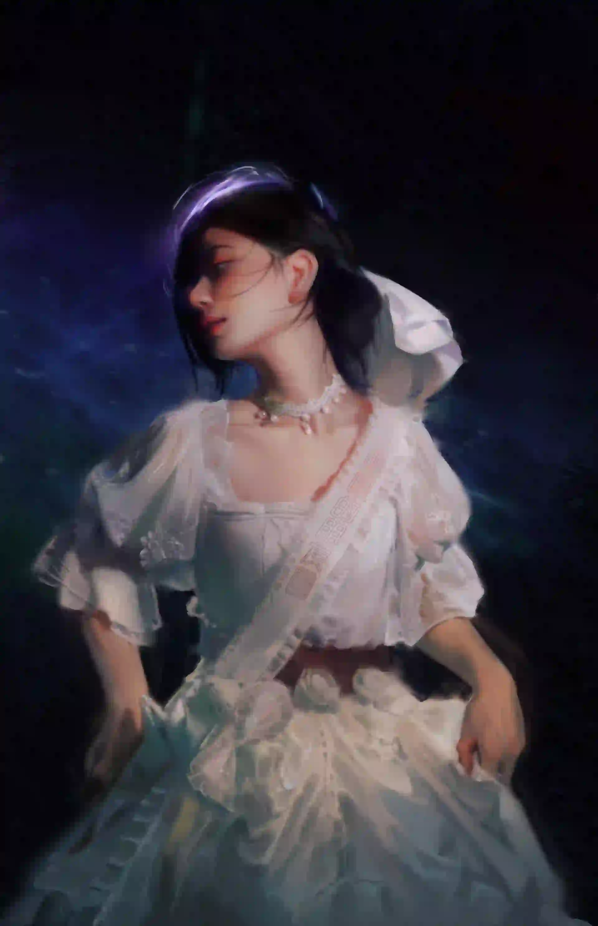 长发美女 白色长裙 唯美场景