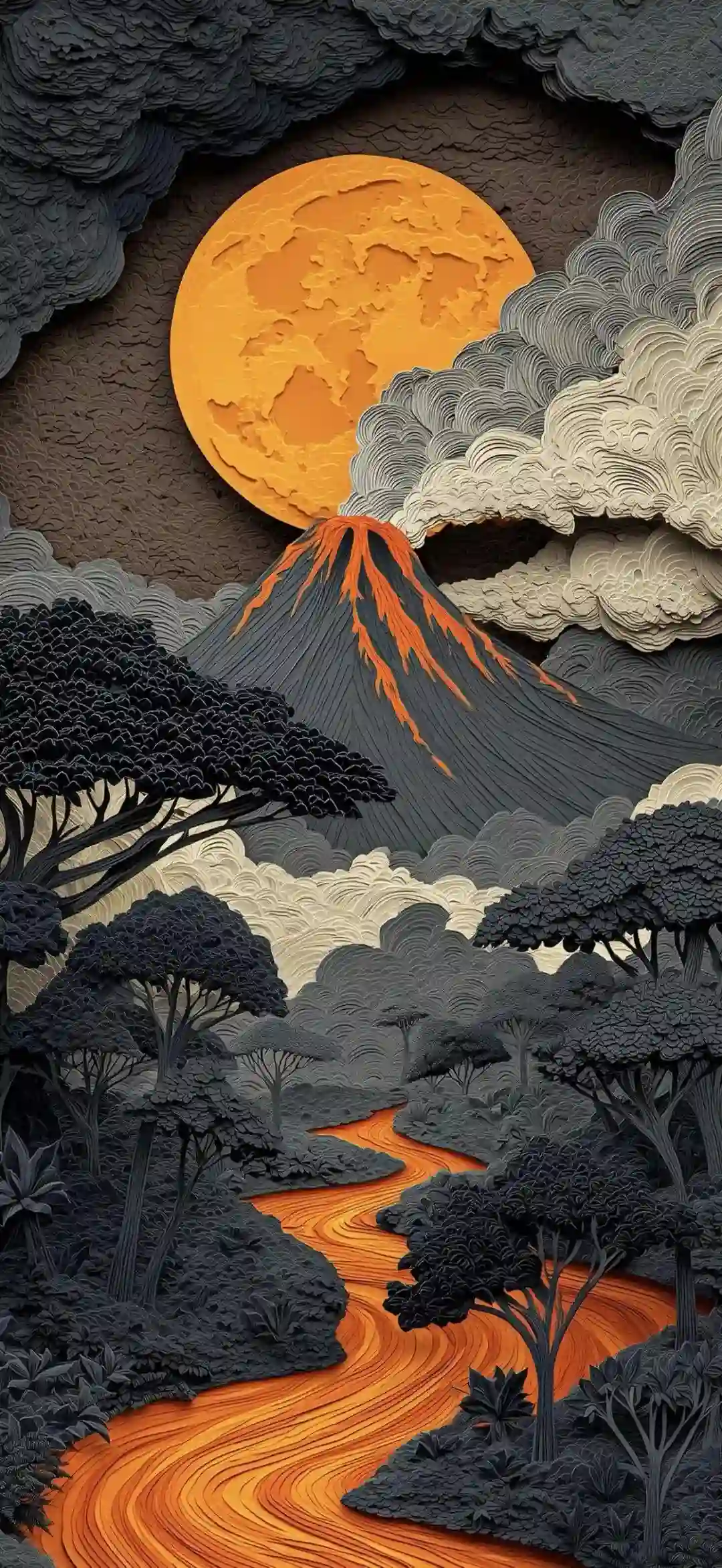 纸雕风格 火山落日 风景插画 橙色河流 纹理质感 奇幻风景