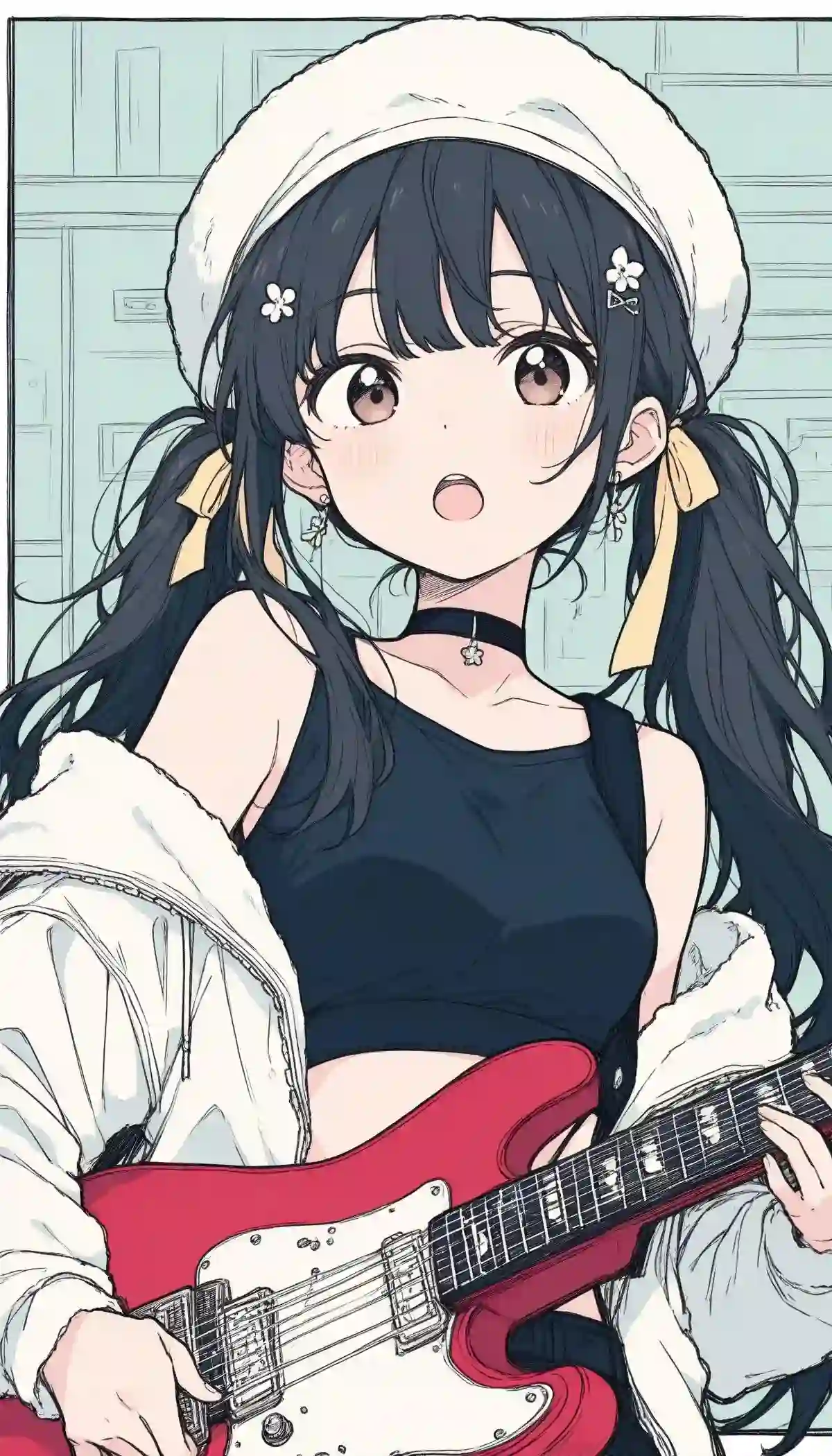 动漫少女 弹吉他 双马尾 黑发 可爱 电吉他