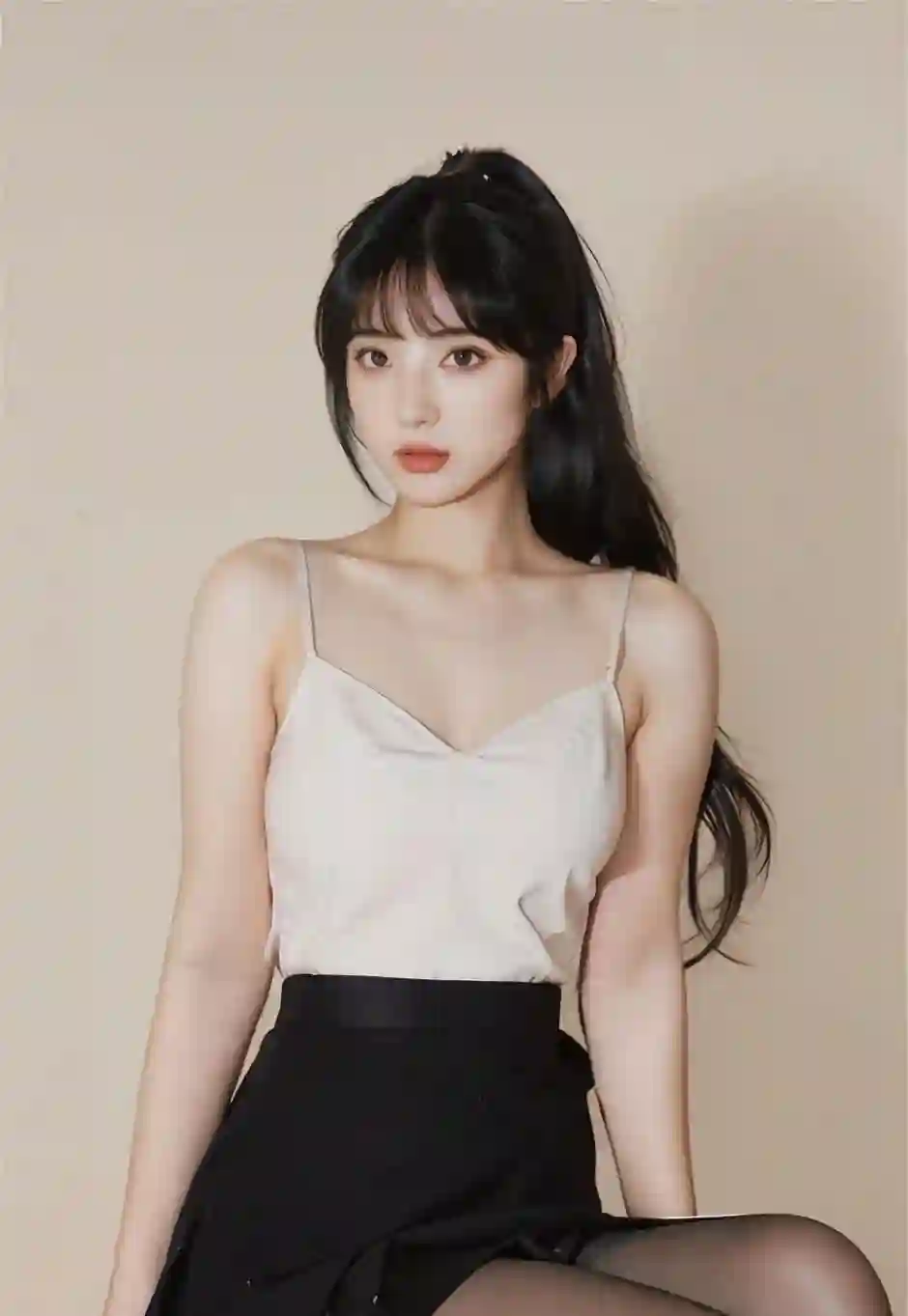 长发美女 黑丝 白色吊带装 黑色小短裙 
