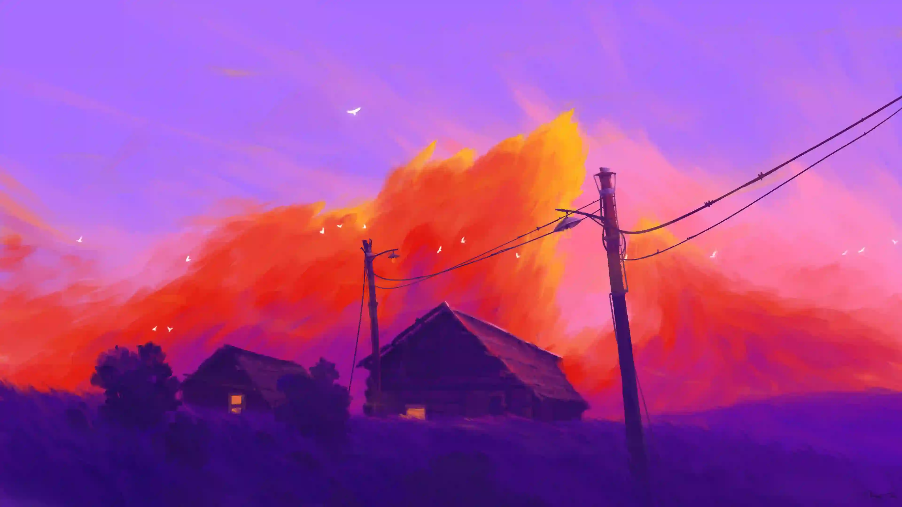 黄昏 田园 木屋 电线杆 云彩 画作 风景
