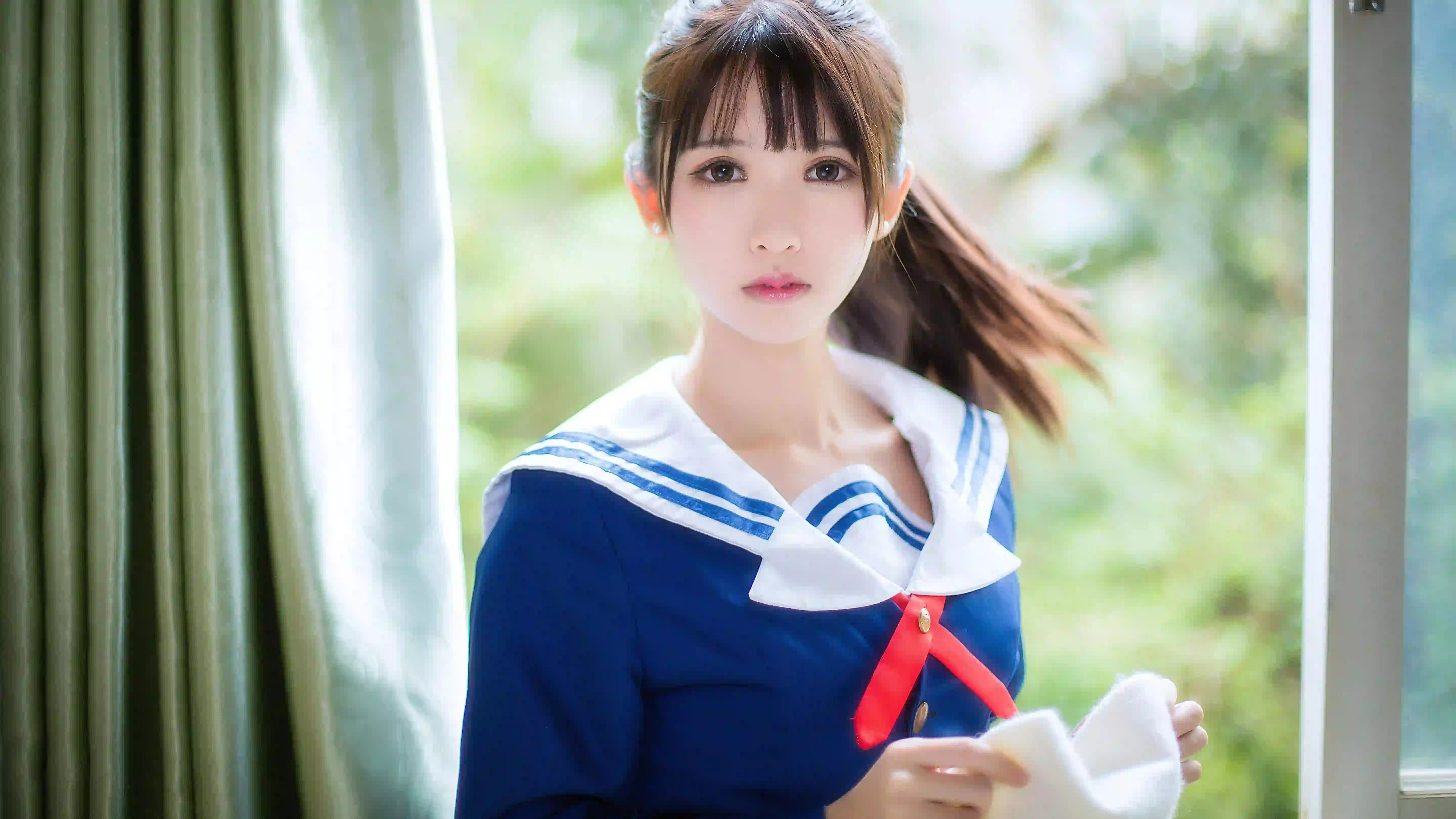 jk穿搭 单马尾 长发清纯美女 居家 
