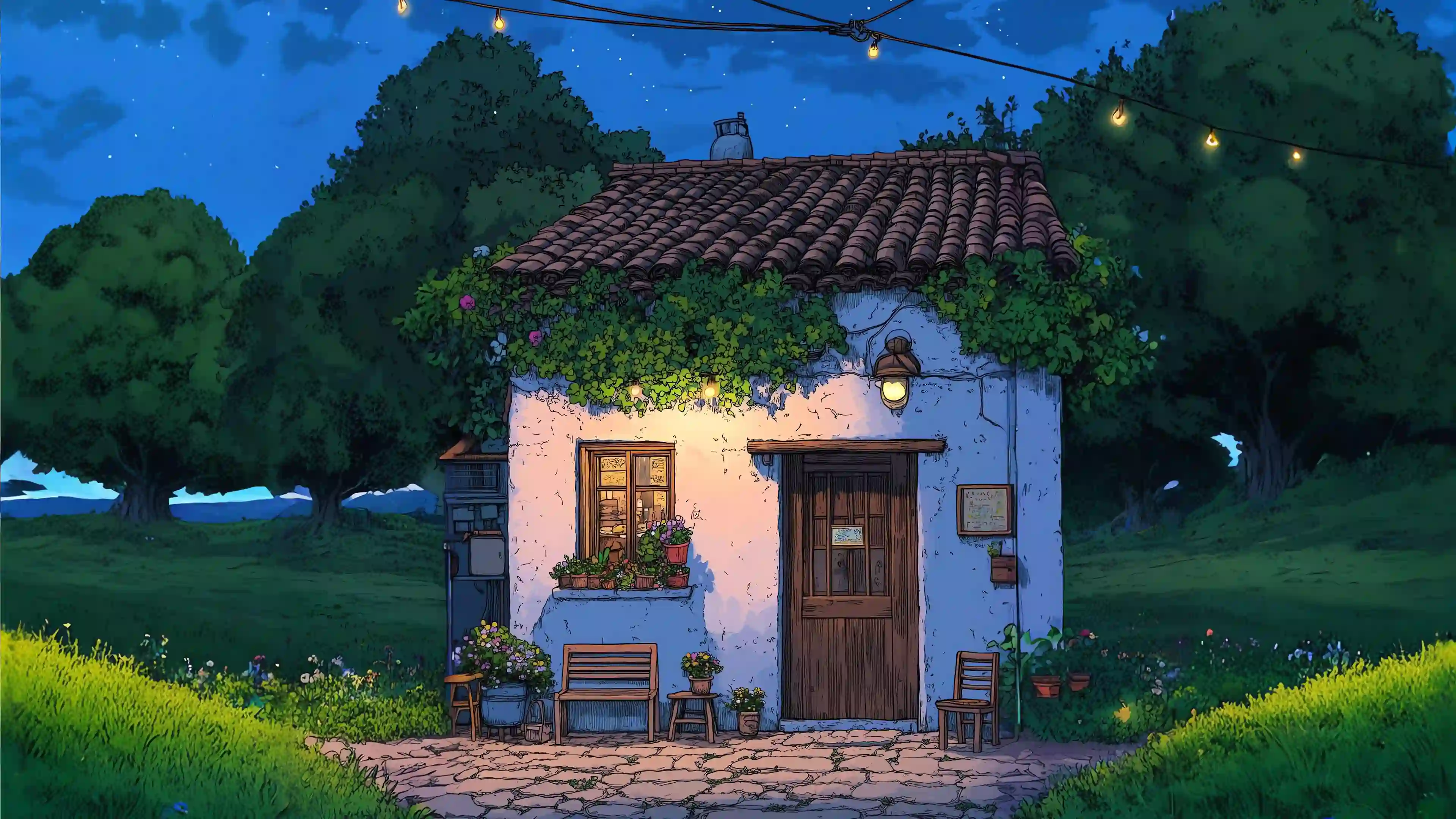 动漫 夜晚 小屋 星空 治愈 插画 风景