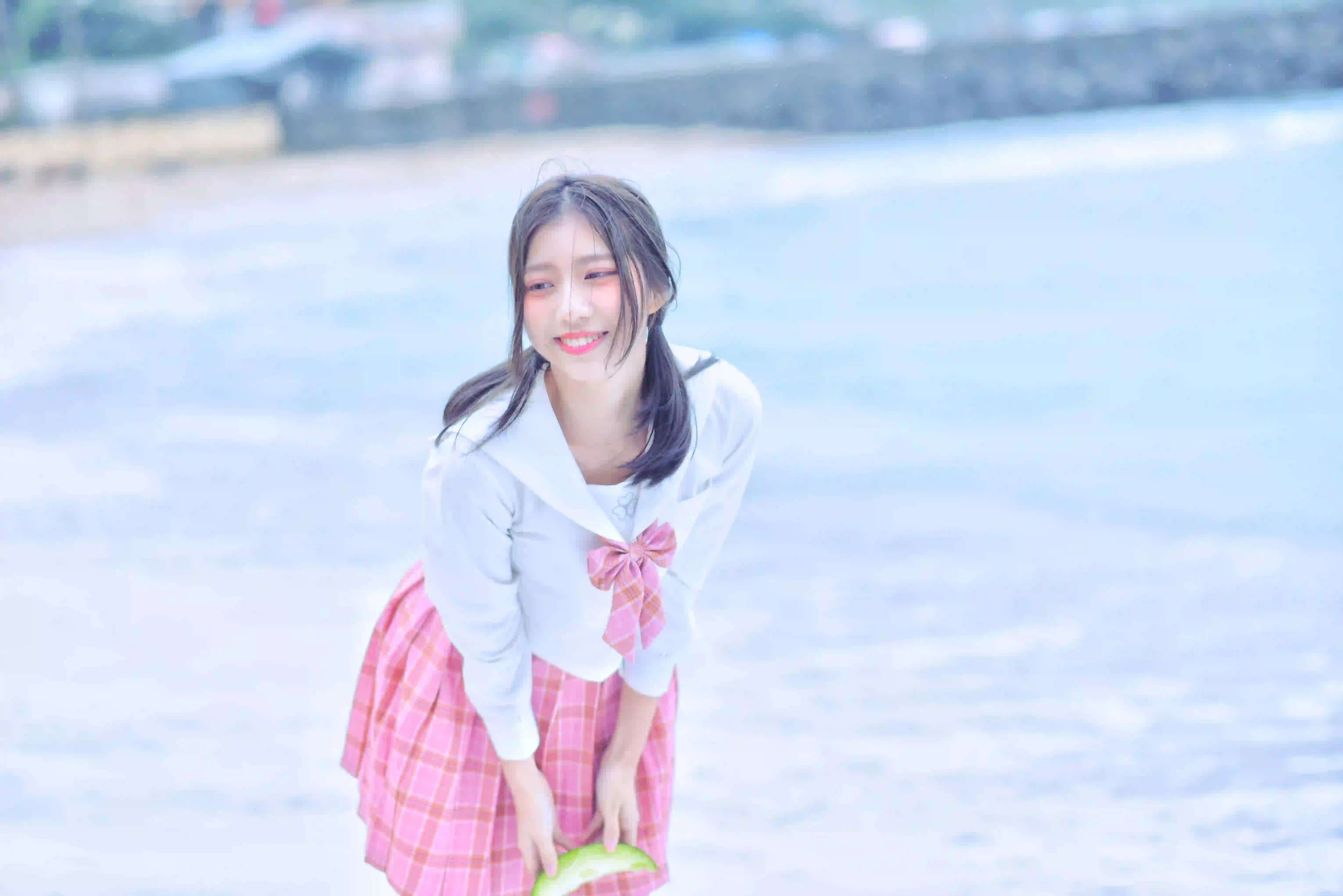 粉色短裙 jk穿搭 户外写真 甜美女孩 海
