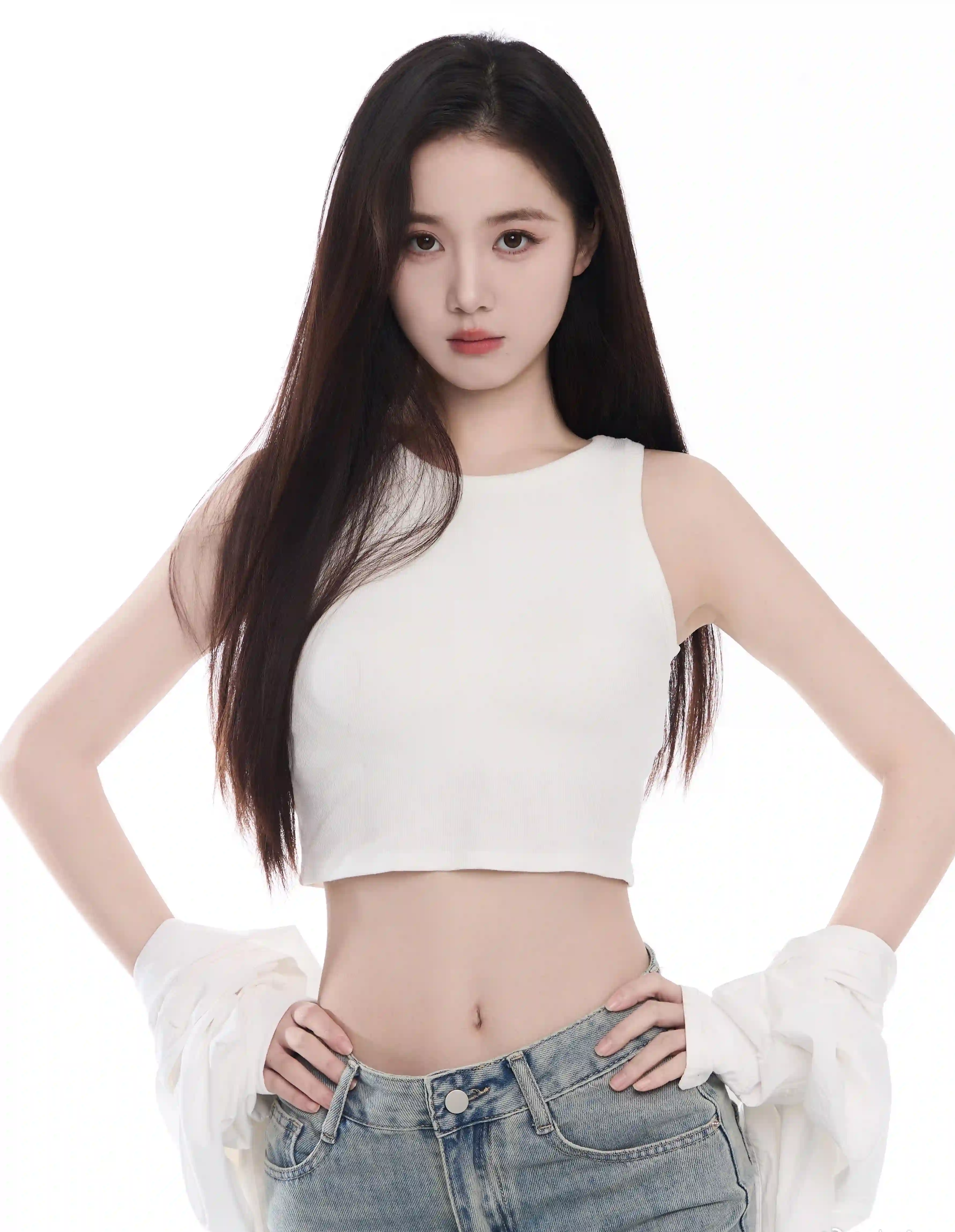 长发美女 白衣牛仔裤女孩 可爱 美女