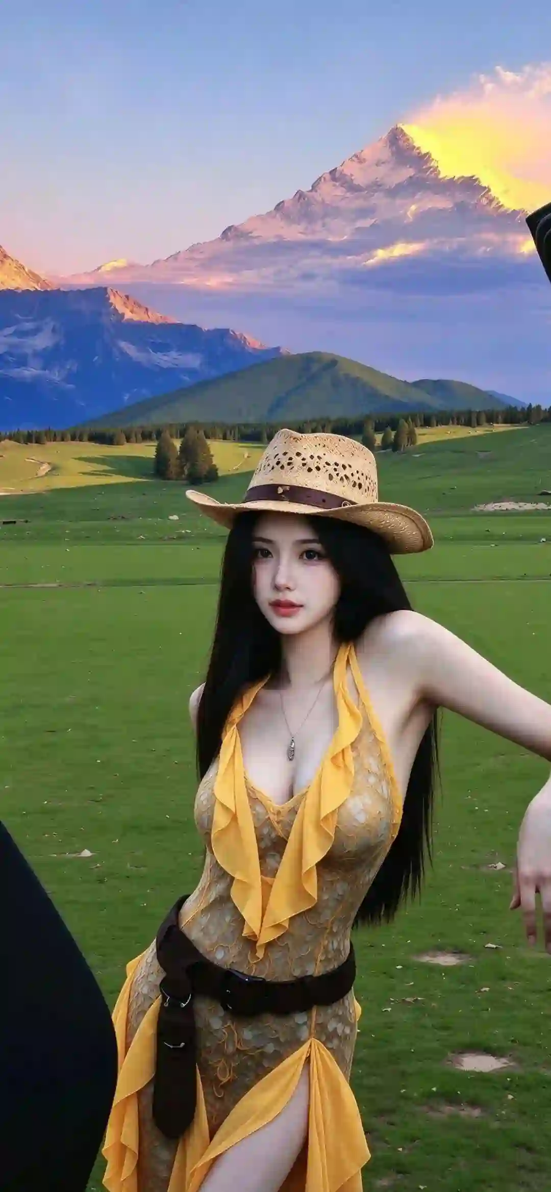 草帽美女 雪山草原 夏日写真 自然风光 唯美人像