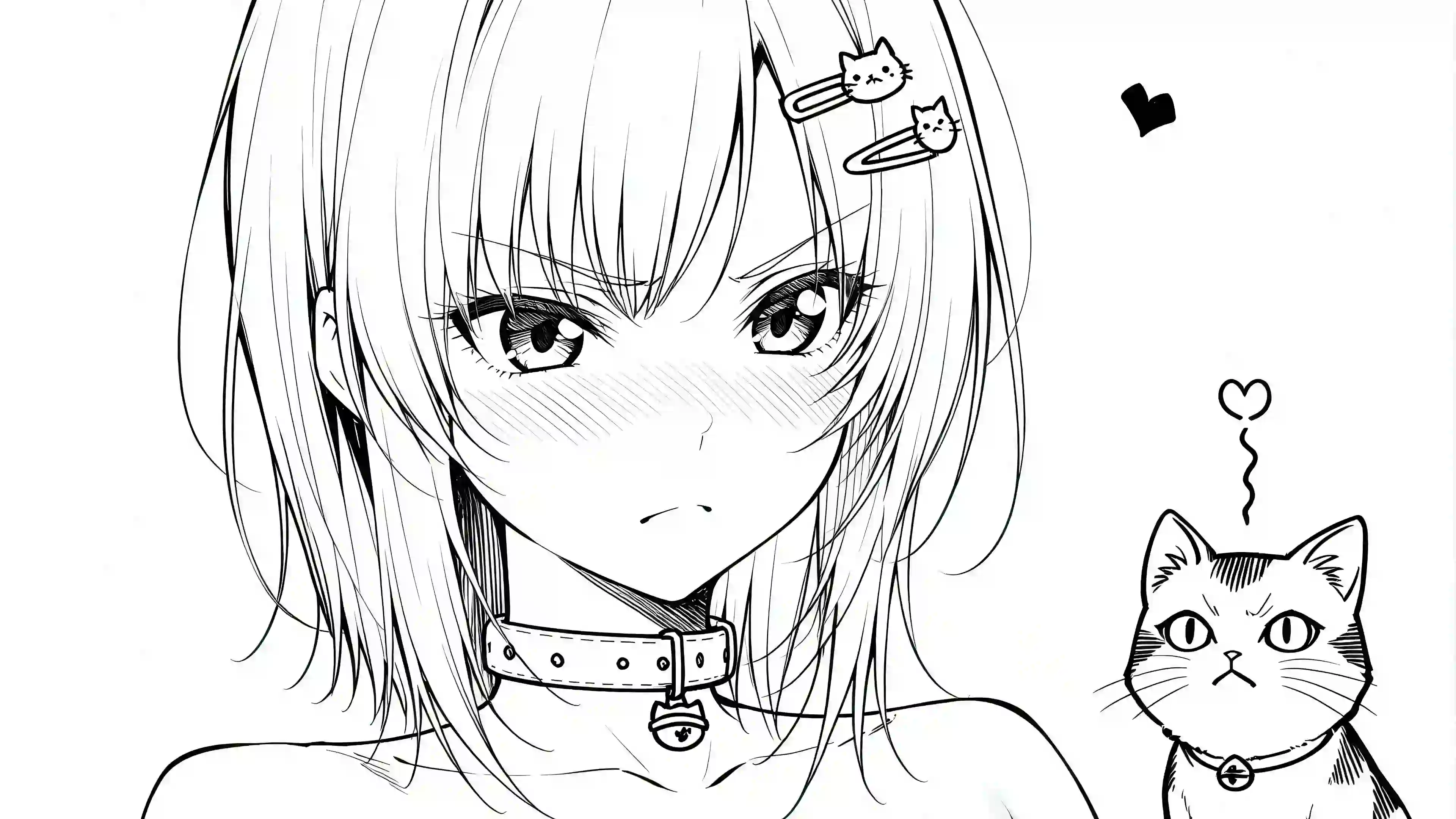 动漫线条人物女孩 可爱女孩 猫咪 可爱猫咪 黑白线稿