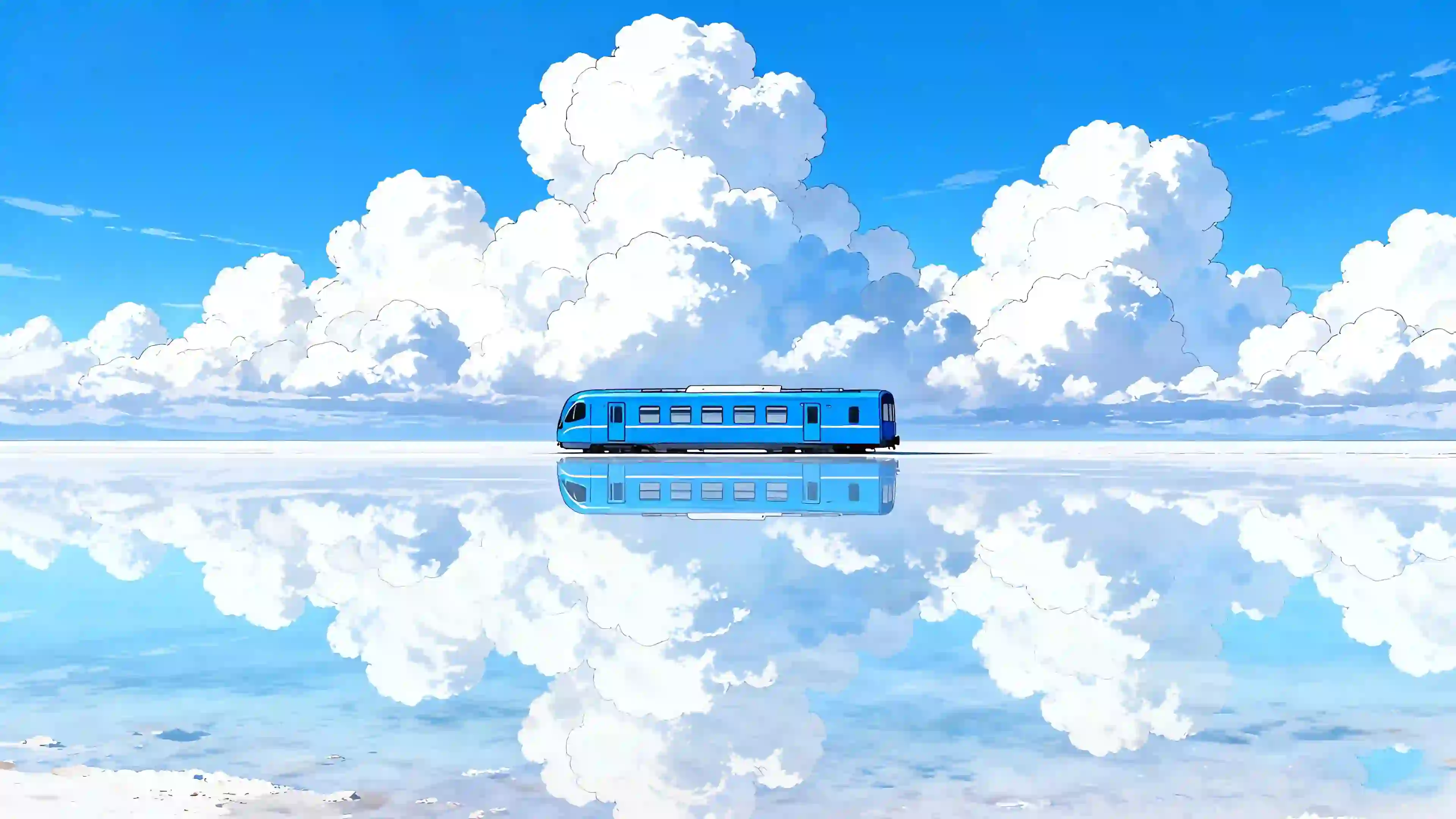 蓝天云层 湖面 蓝色的列车
