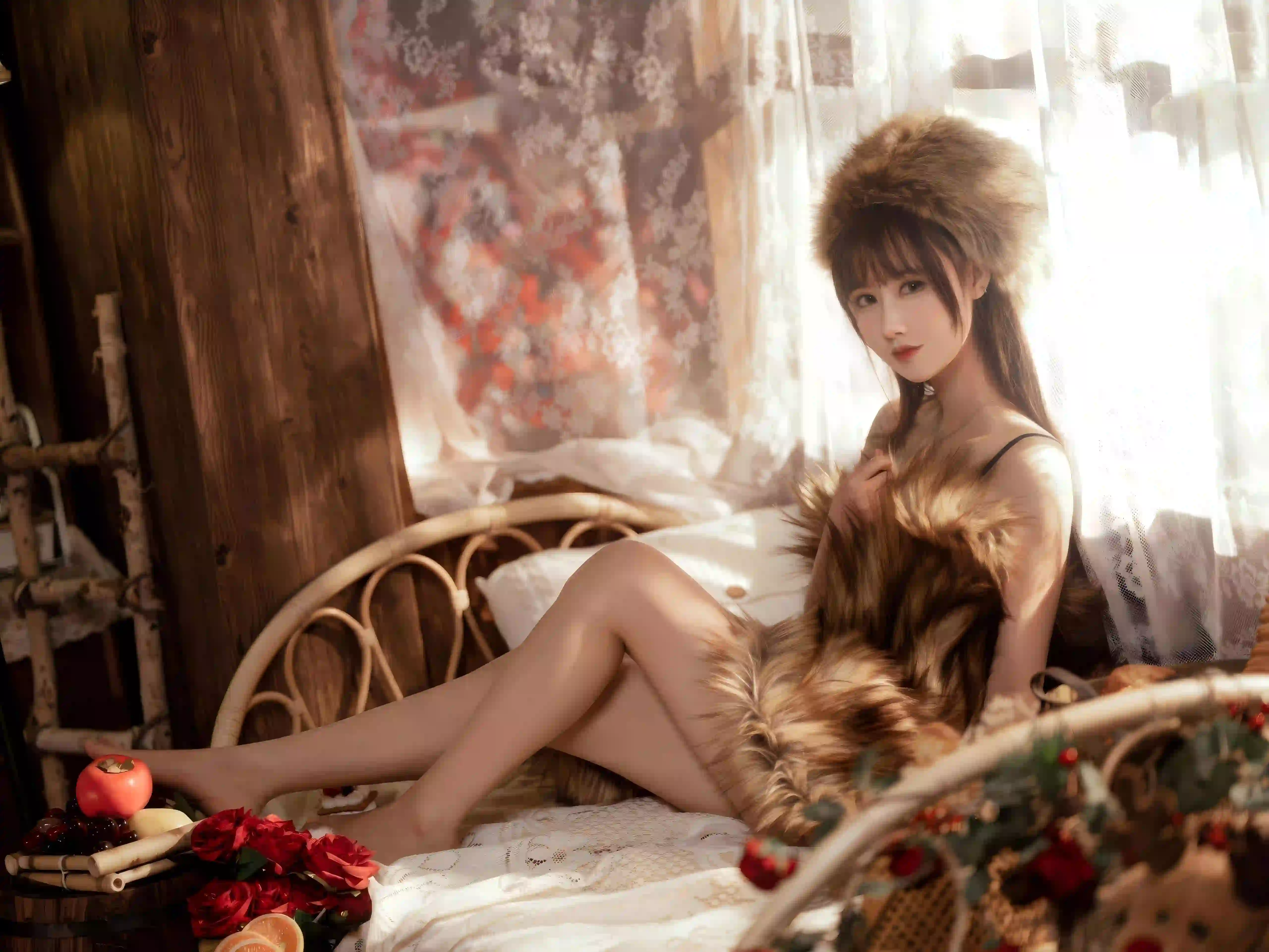 毛茸茸的帽子 吊带 长腿美女 腿