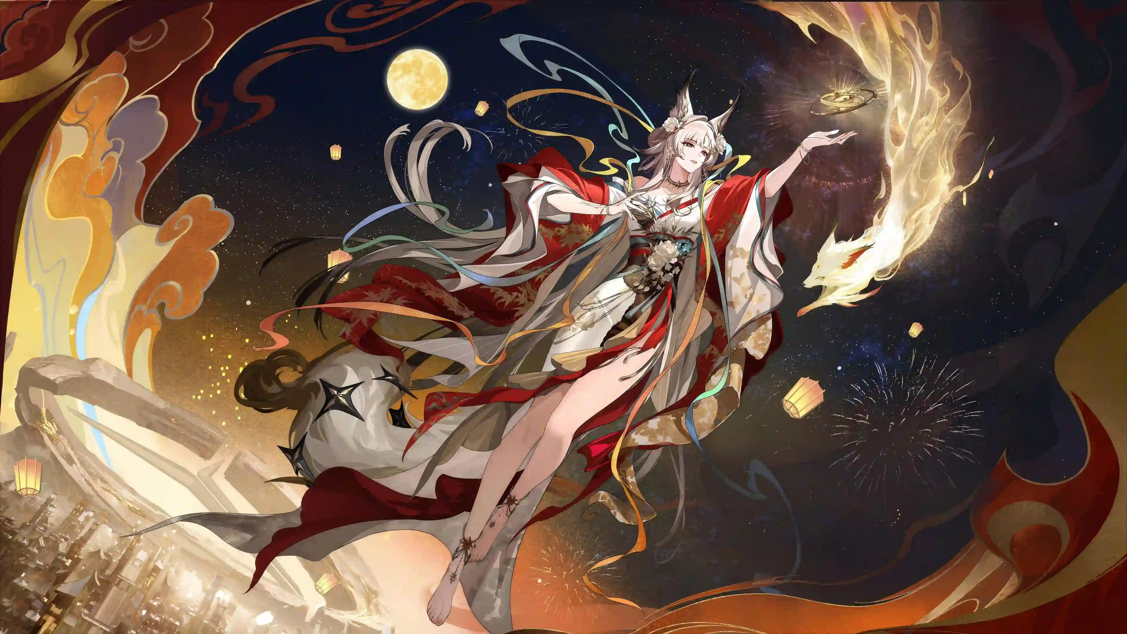 狐耳女神 动漫插画 古风 飞天 月夜 华丽 华服
