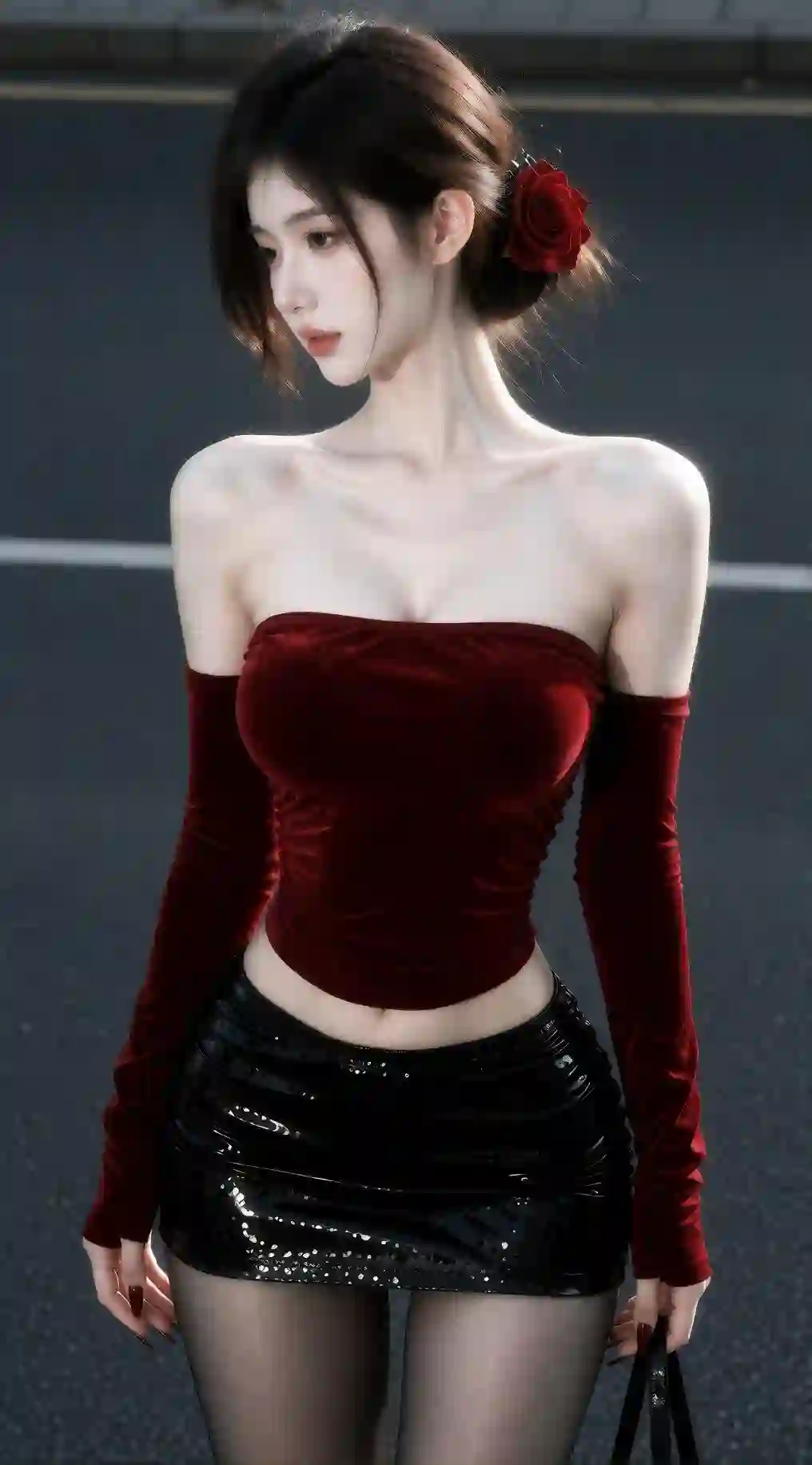 红丝绒抹胸 黑色亮片裙 红玫瑰发饰 优雅美女 街拍