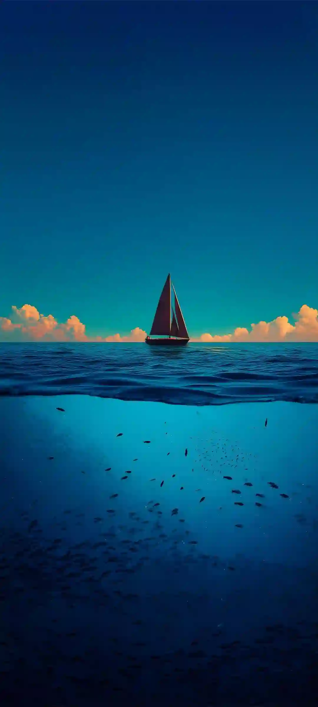 海洋 帆船 水下鱼群 风景壁纸 创意构图 唯美