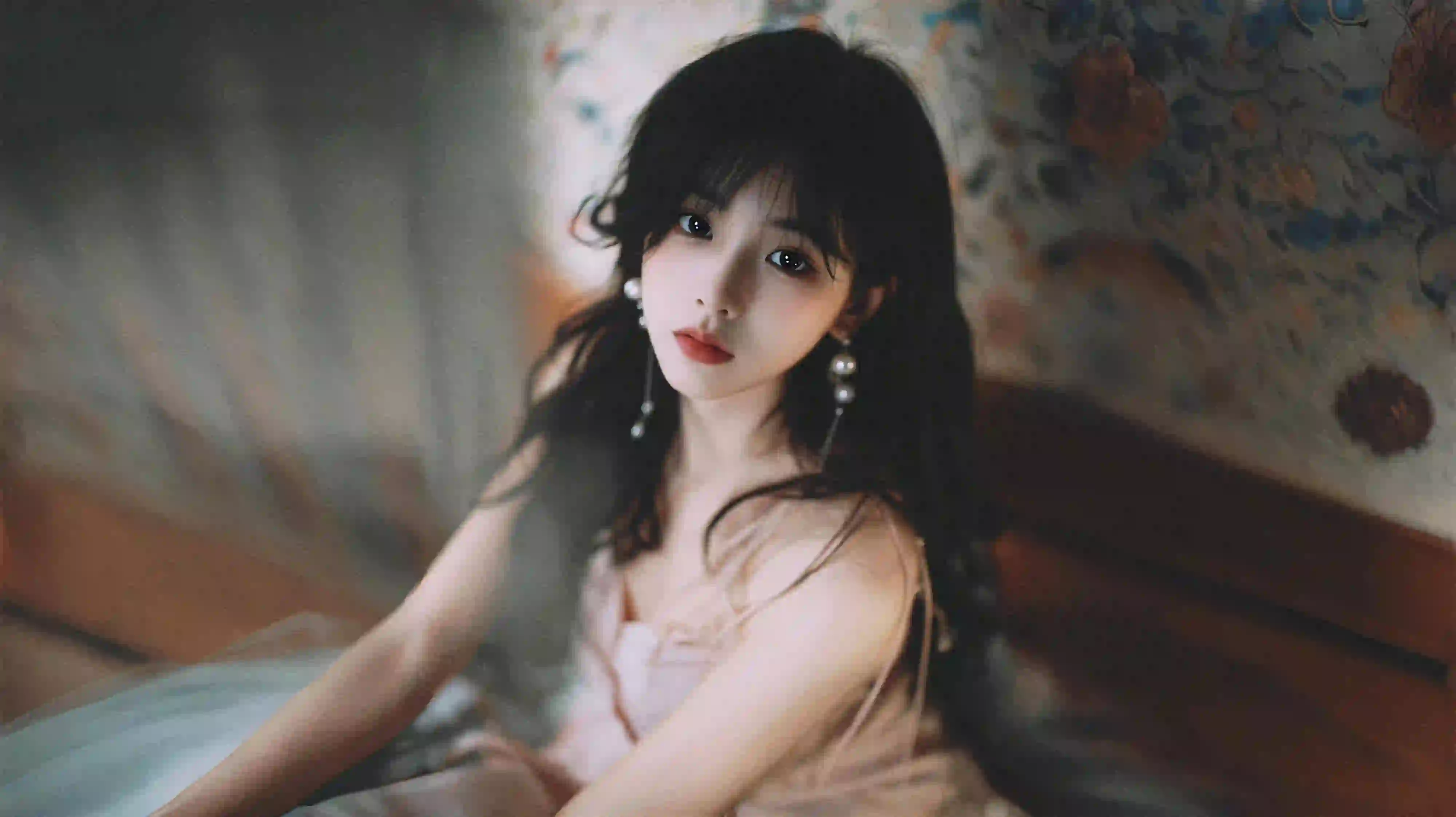 唯美 长发美女 银色耳环 居家写真 珍珠耳环