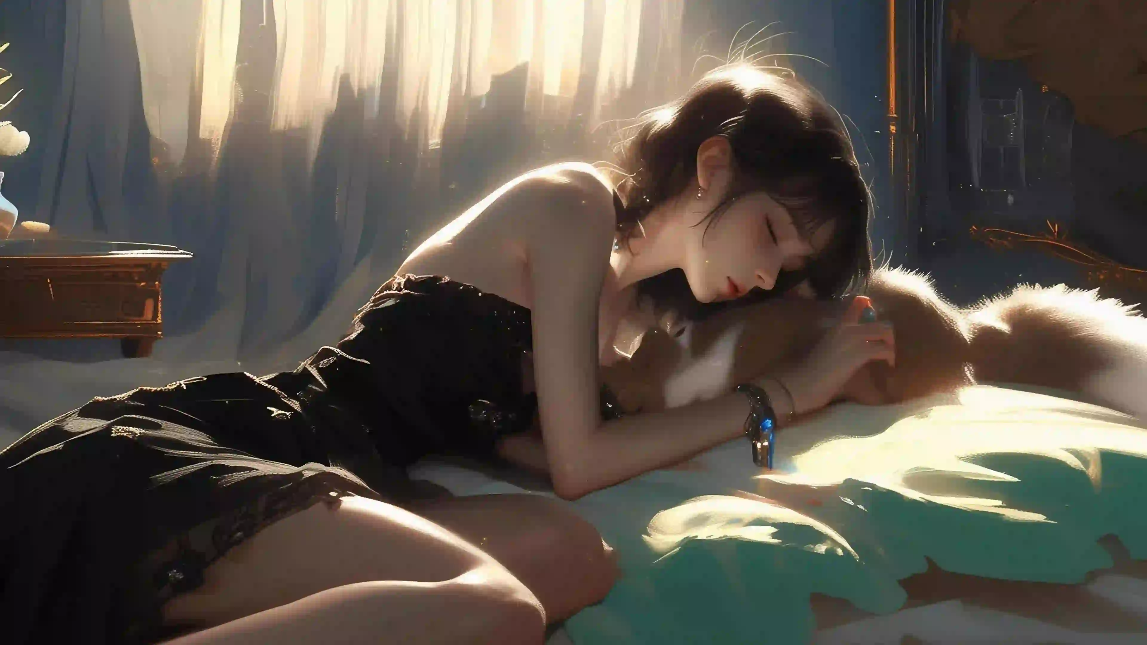 ai 小憩 动漫女孩 黑色长裙女孩 黑色吊带裙 居家