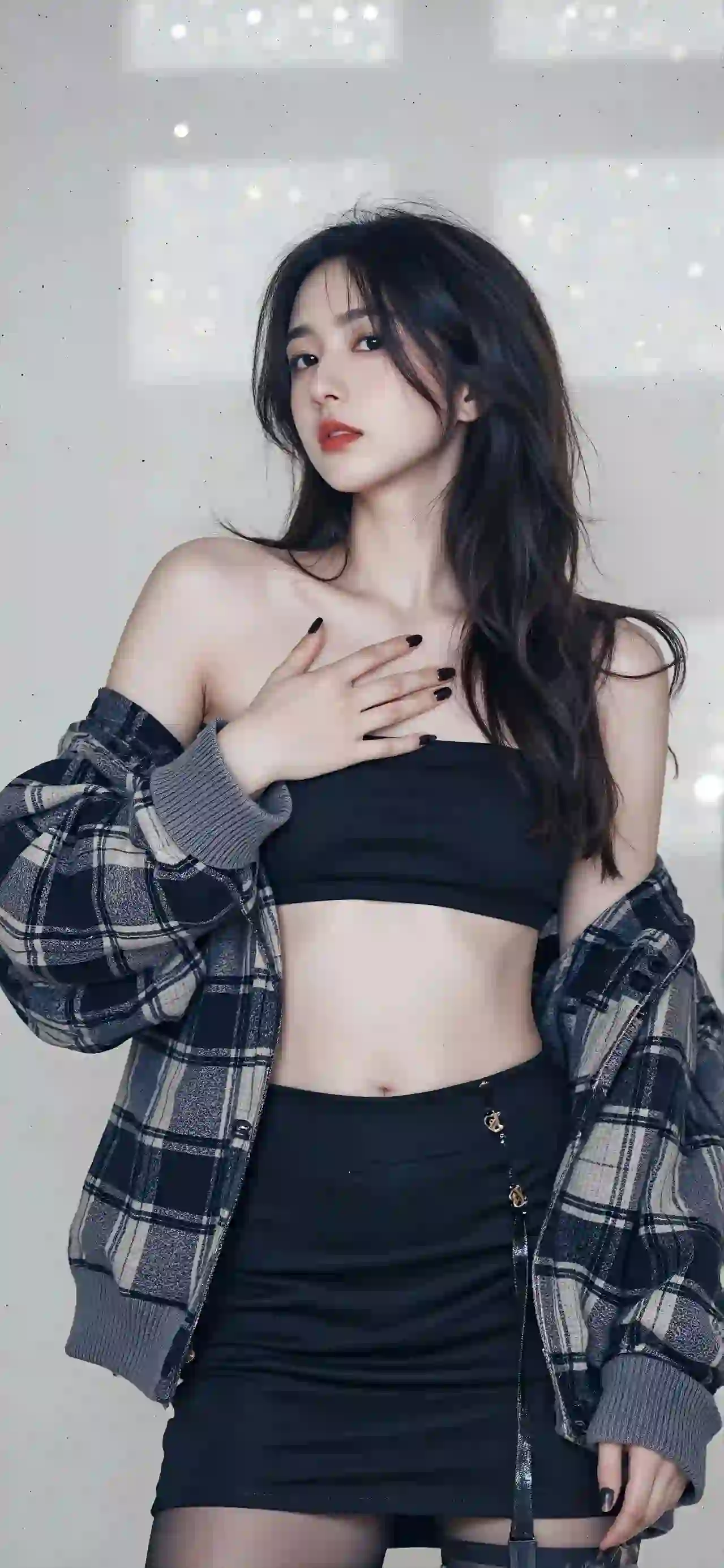 格子衫 长发性感黑丝美女