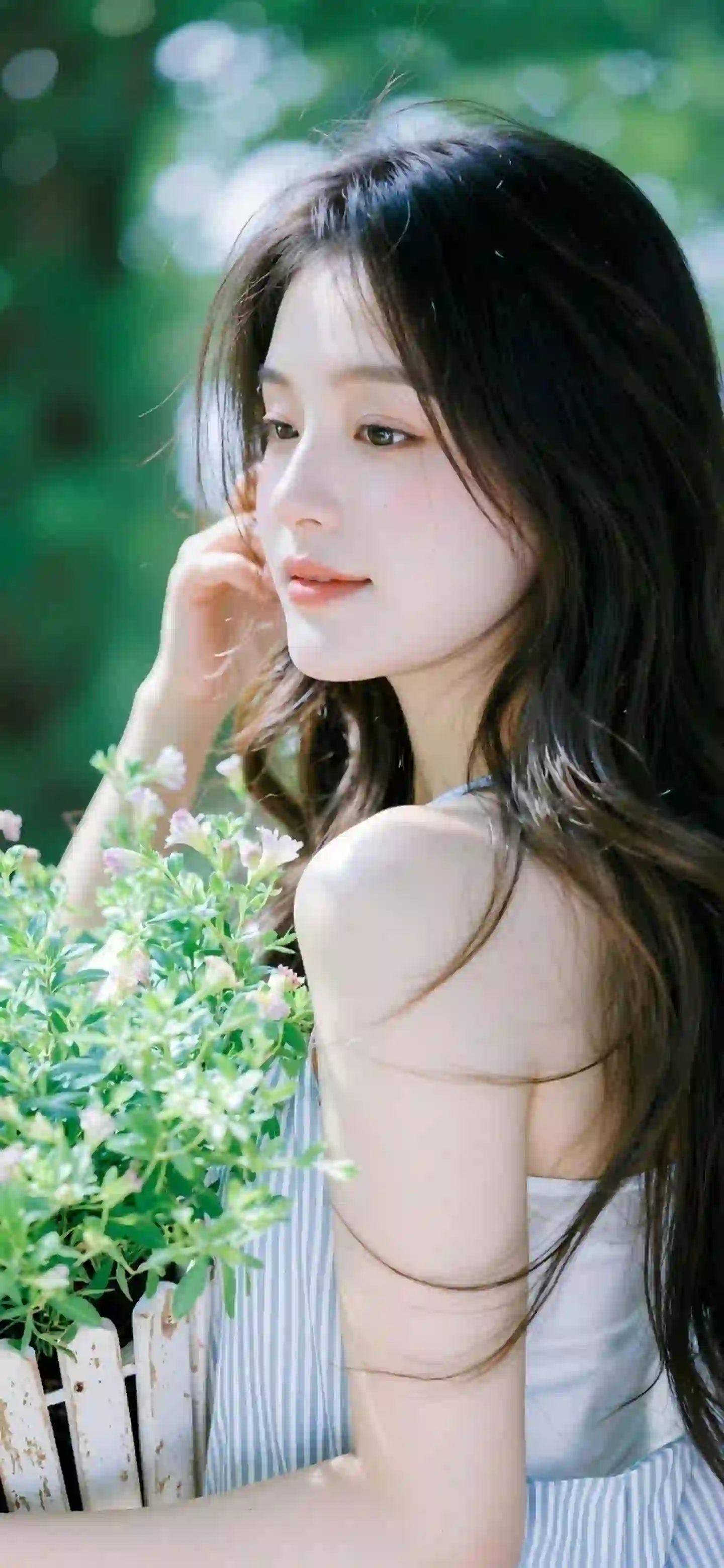 美女 长发美女 唯美 清纯 条纹长裙