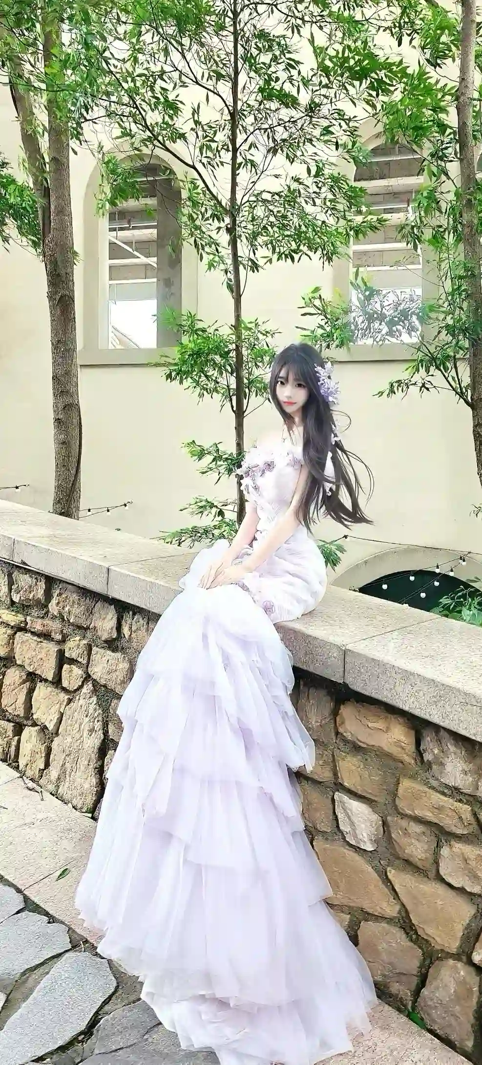 纱裙 美女 长发少女 优雅坐姿 户外清新 花饰 浪漫