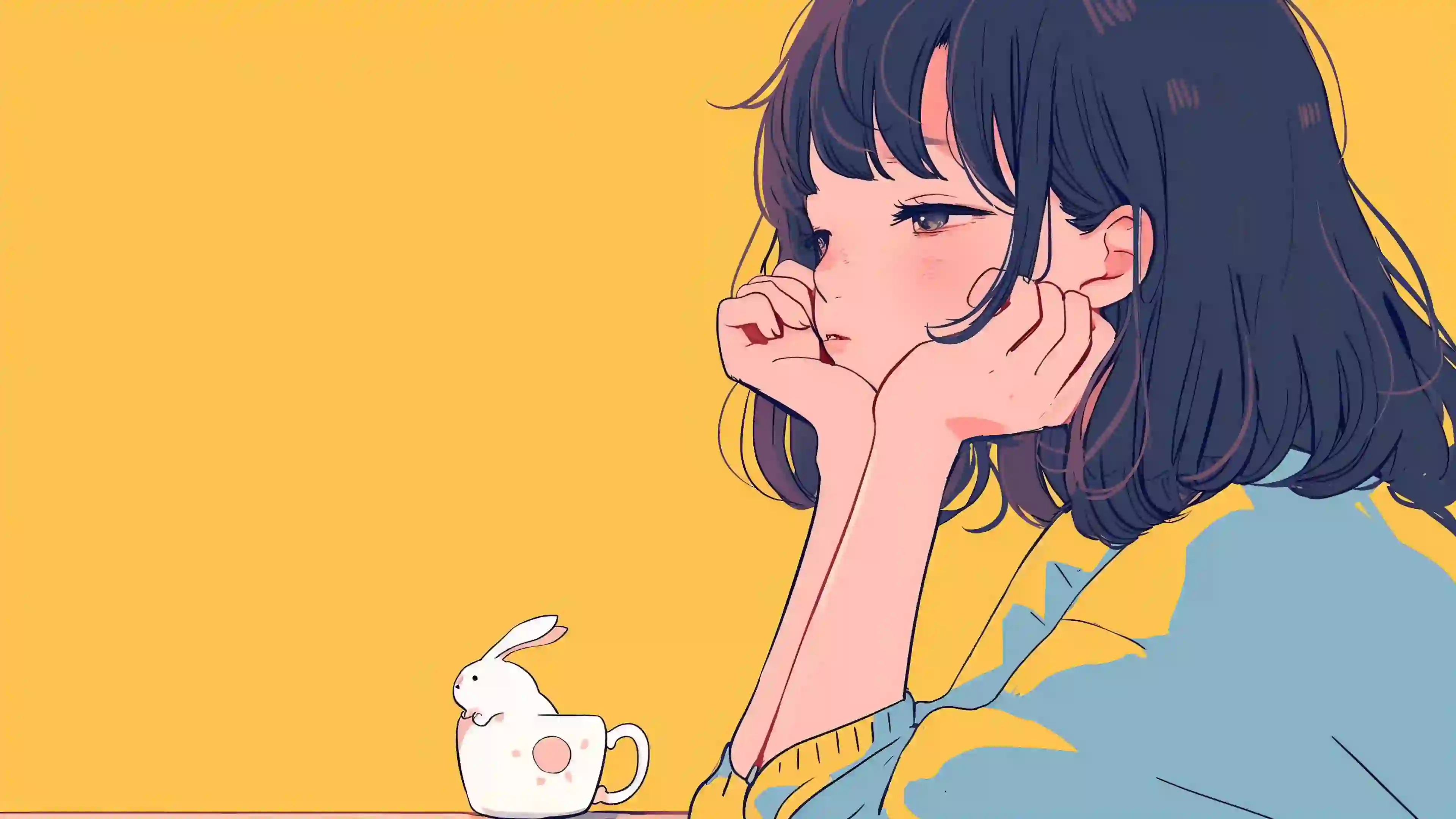 可爱杯子 动漫 插画 短发 黄色背景