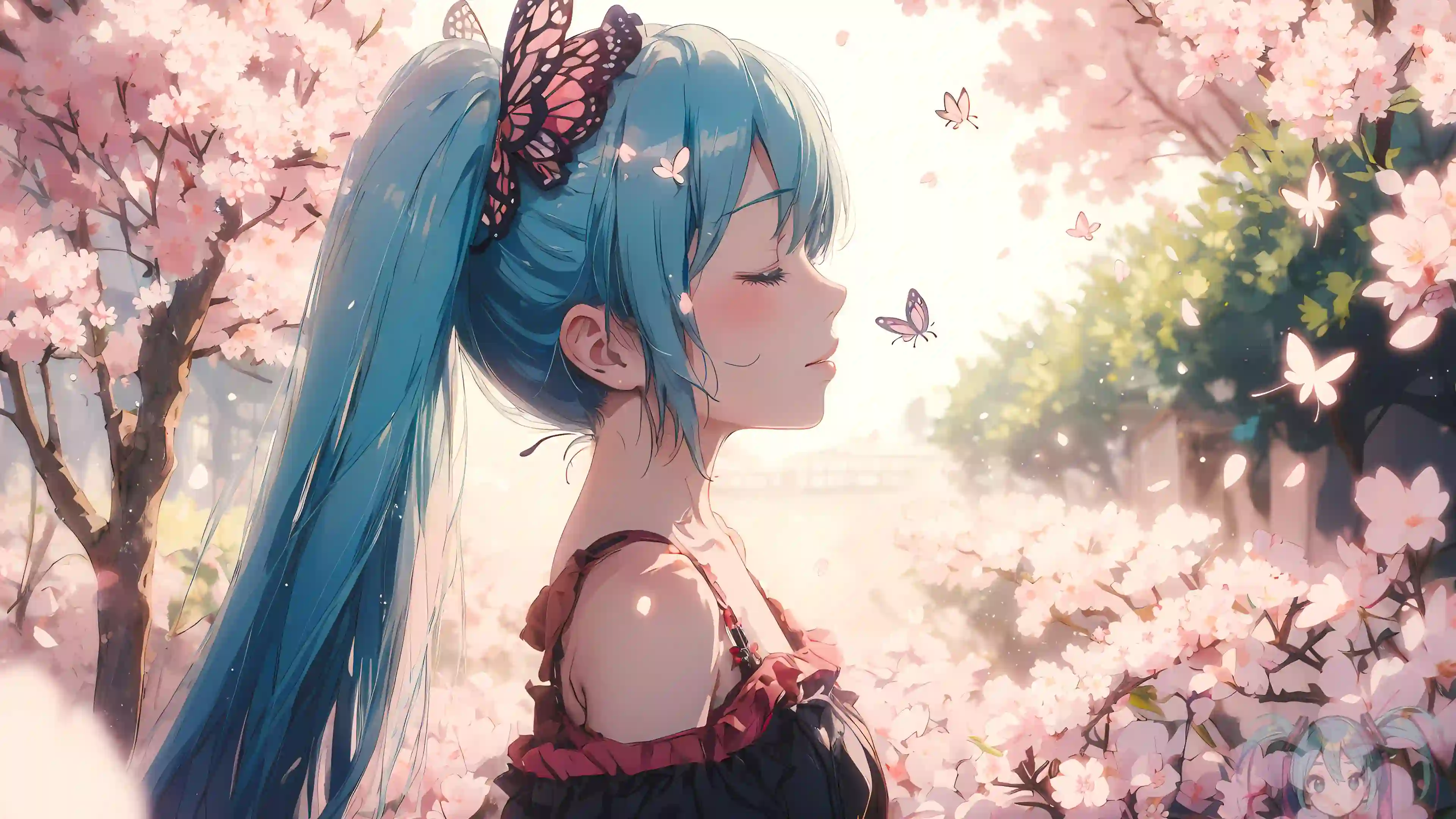初音未来 蓝色头发 长发 动漫女孩 歌姬 蝴蝶 樱花
