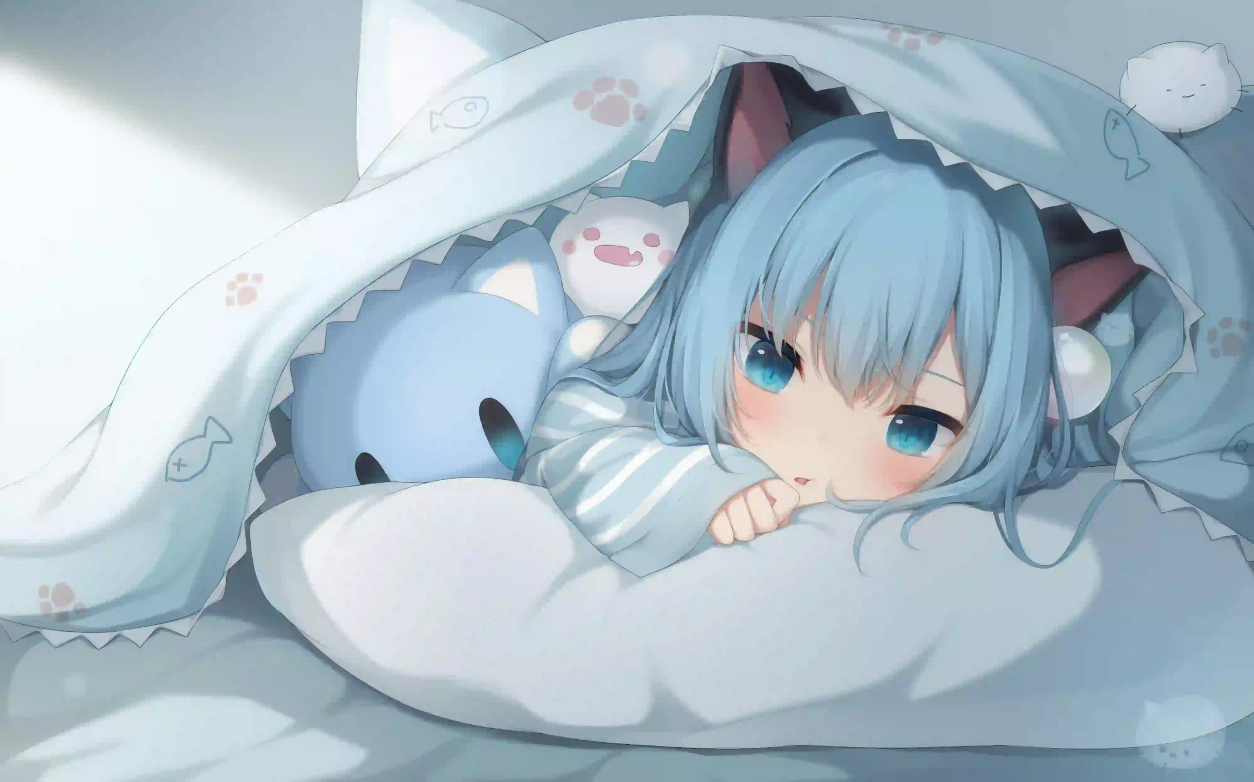 动漫女孩 二次元女孩 可爱 猫羽雫 被子 被窝 猫耳
