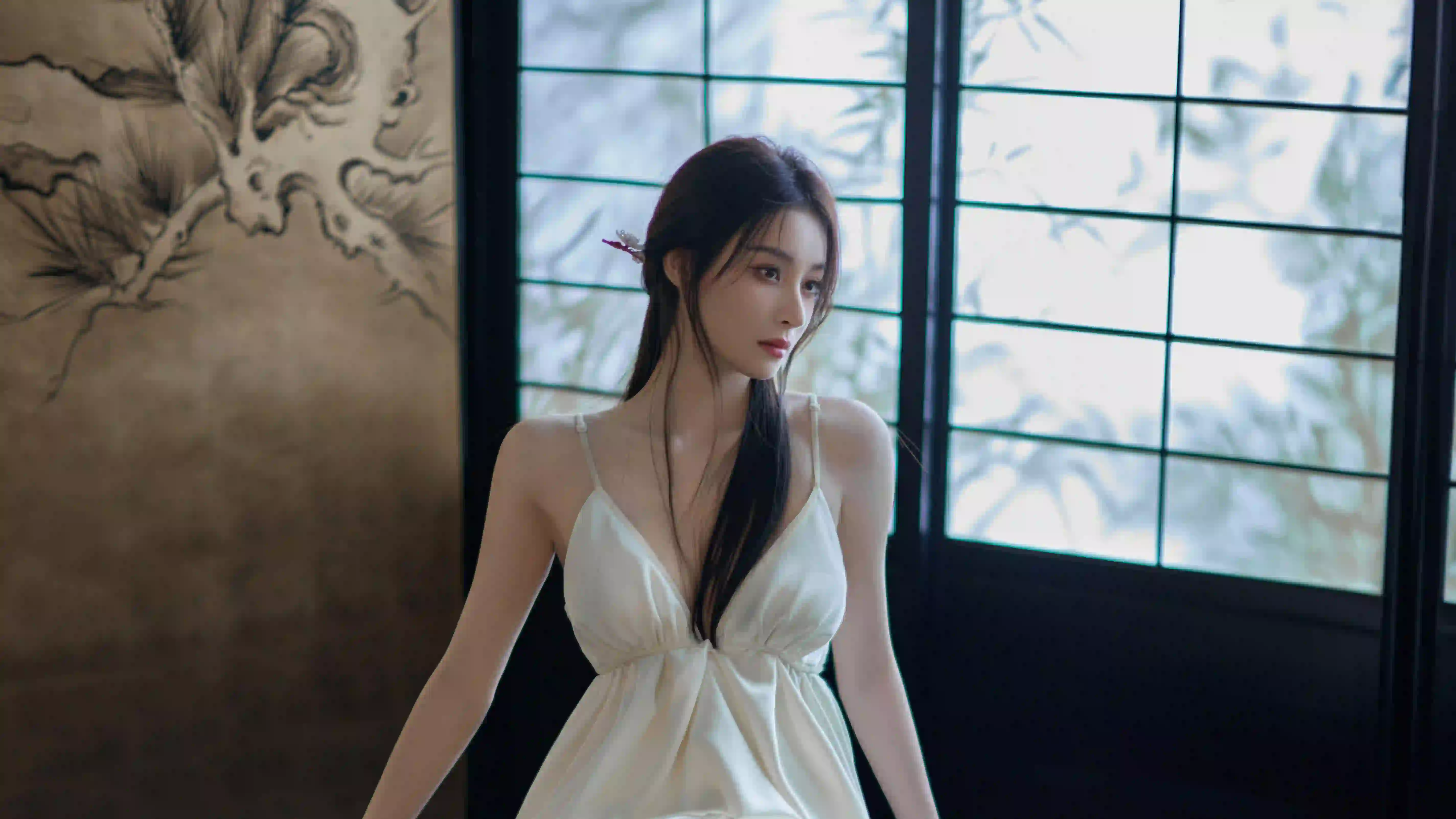 长发吊带裙美女 白色吊带裙 性感美女