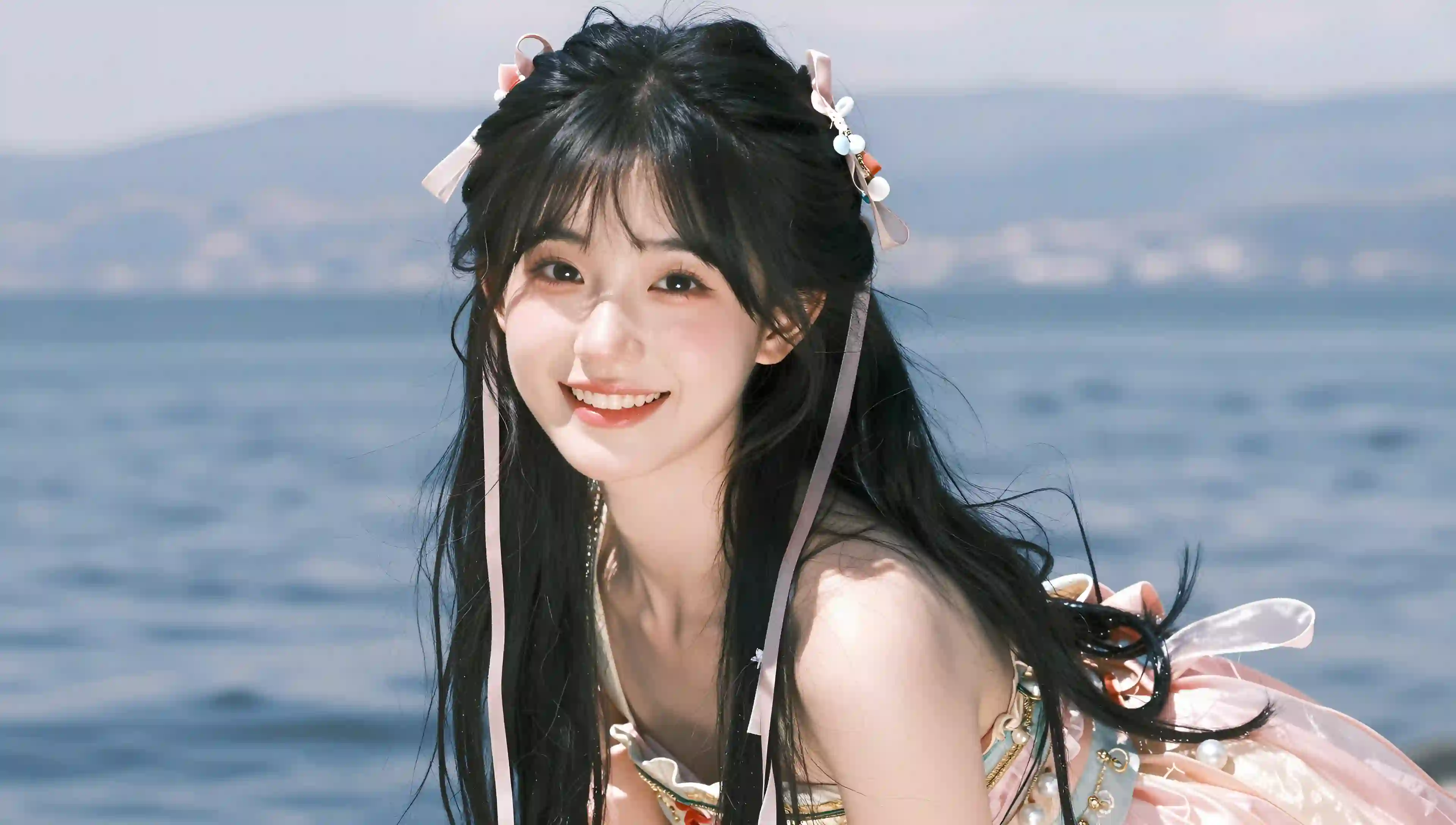 海边 汉服 少女 甜美 丝带 黑发