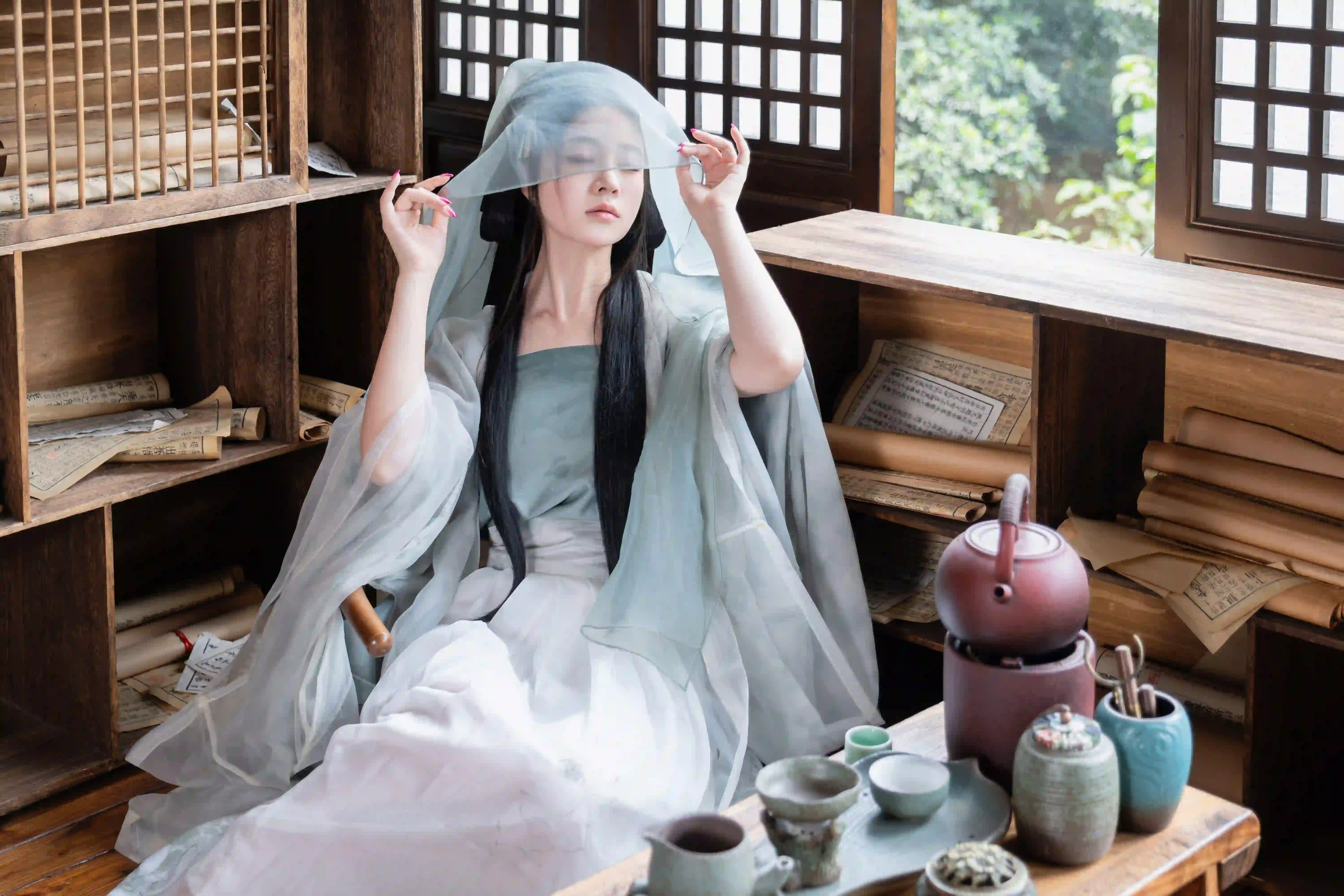 绿色纱裙 古风汉服美女 性感美女 古风穿搭 居家 古风建筑