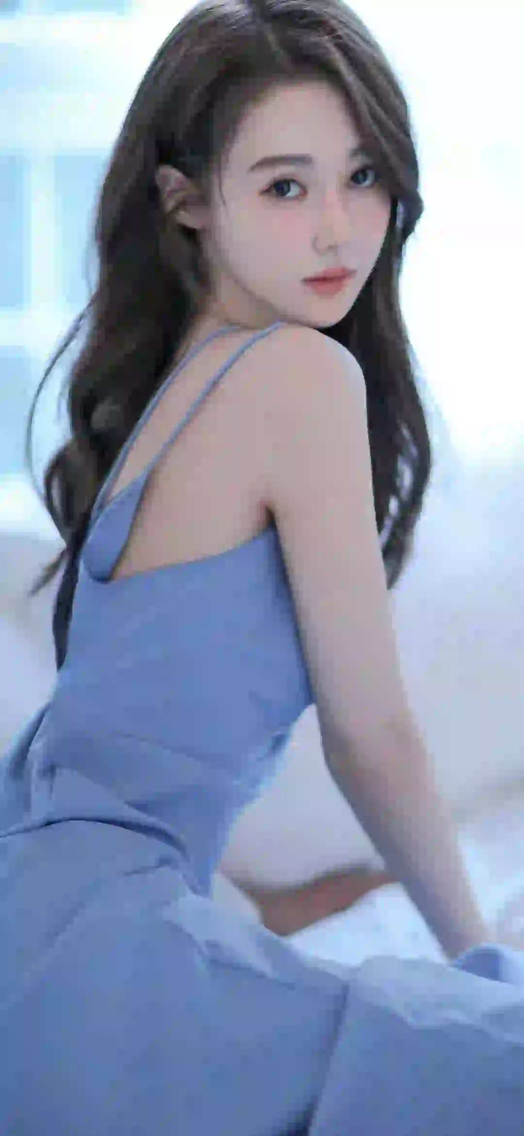 长发美女 蓝色长裙美女 