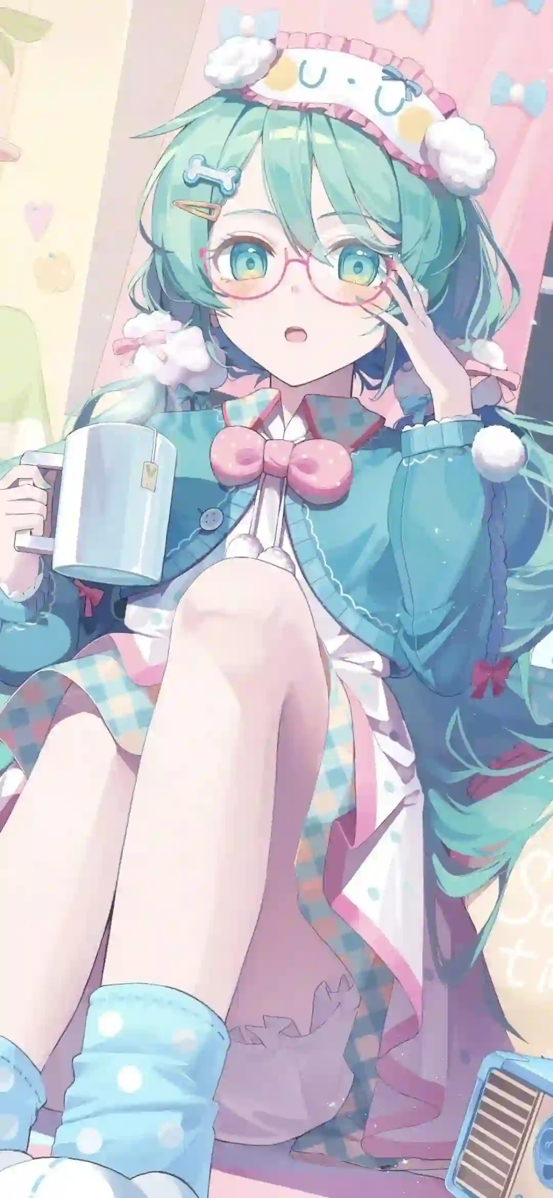 动漫 少女 蓝发 眼镜 可爱 治愈 插画