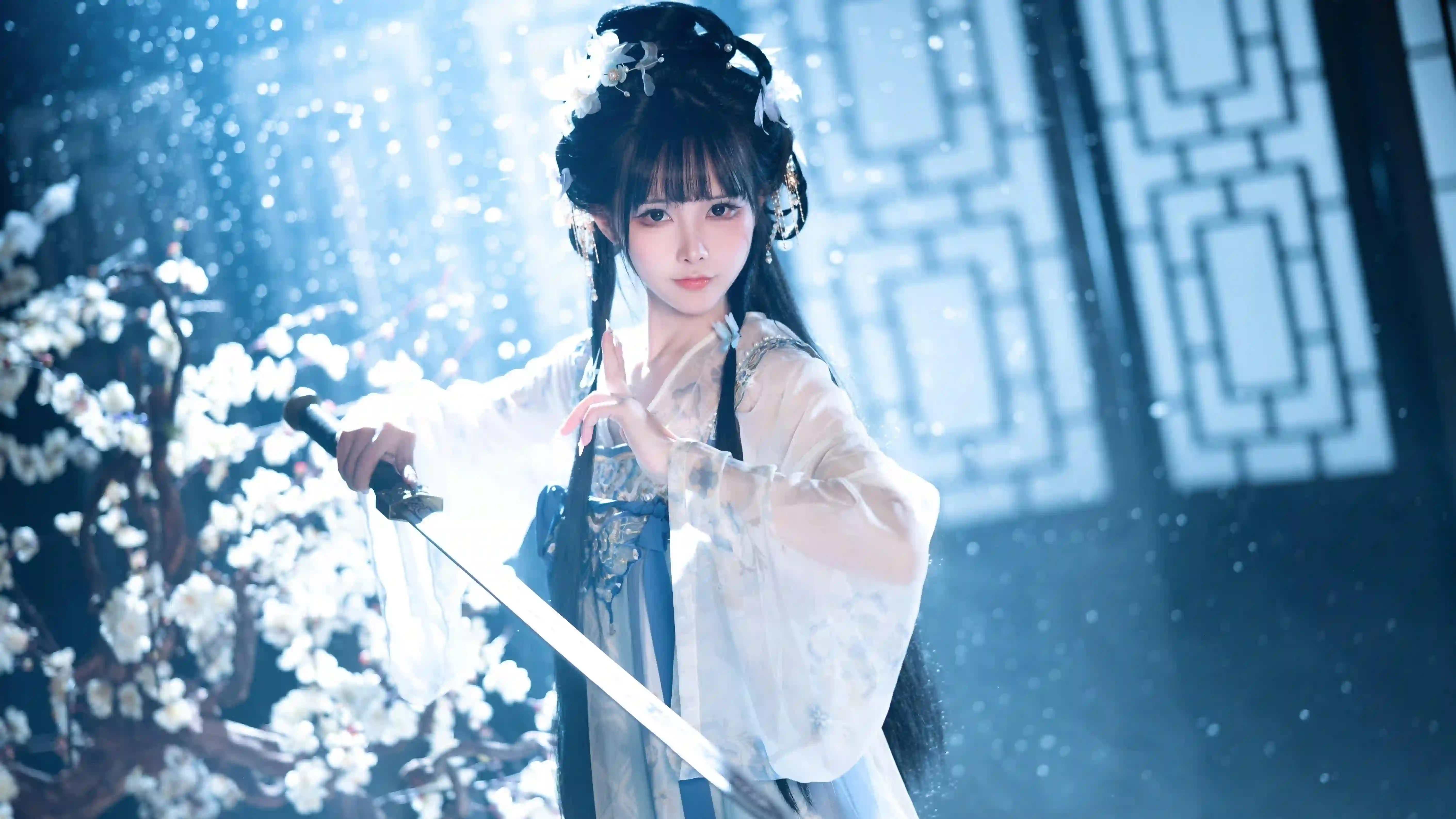 古风汉服美女 白色薄纱古风长裙 冷色调 雪