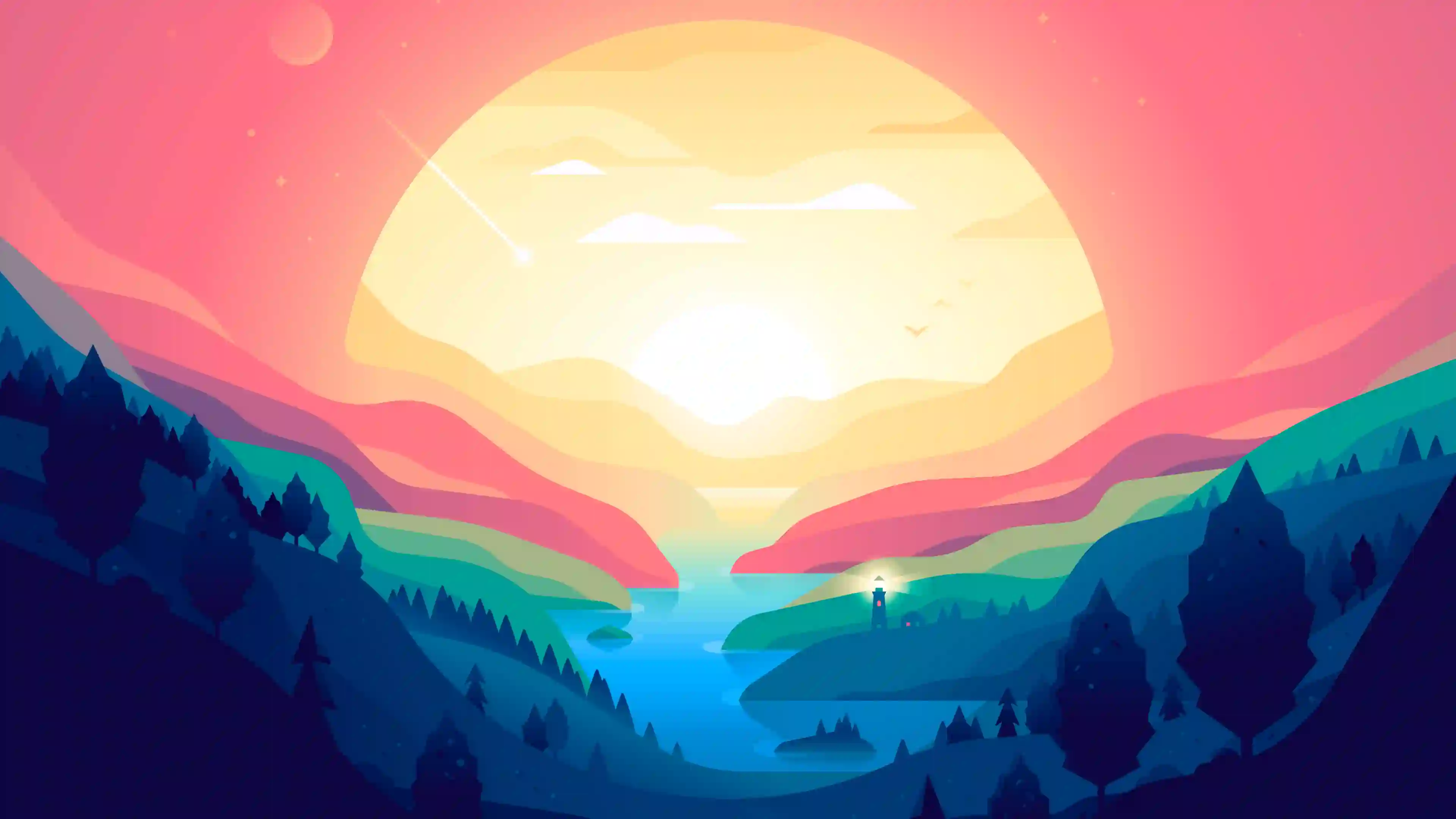 扁平插画 风景 壁纸 日落 山谷 湖泊 灯塔 梦幻