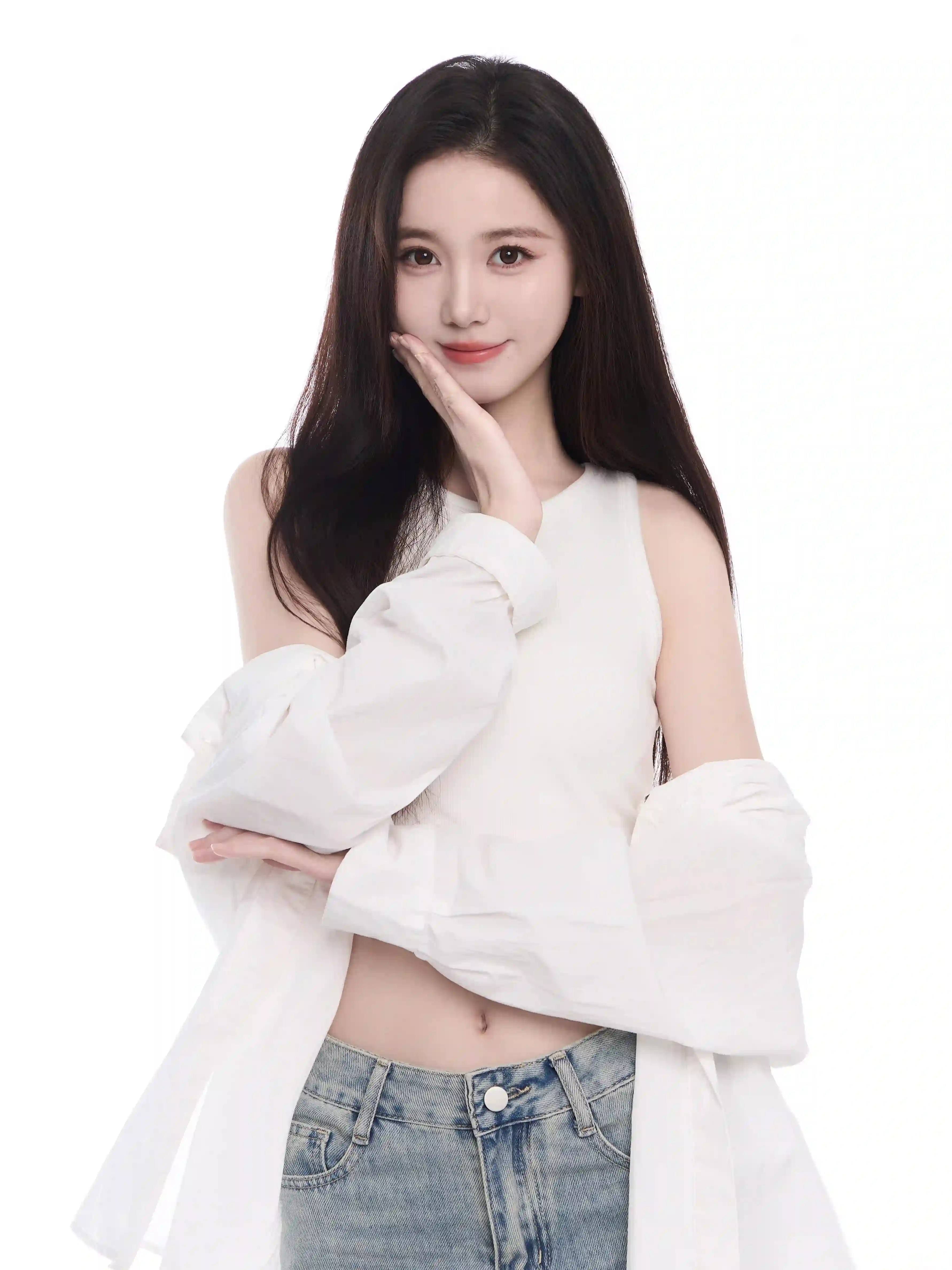 长发美女 白衣牛仔裤女孩 可爱 美女