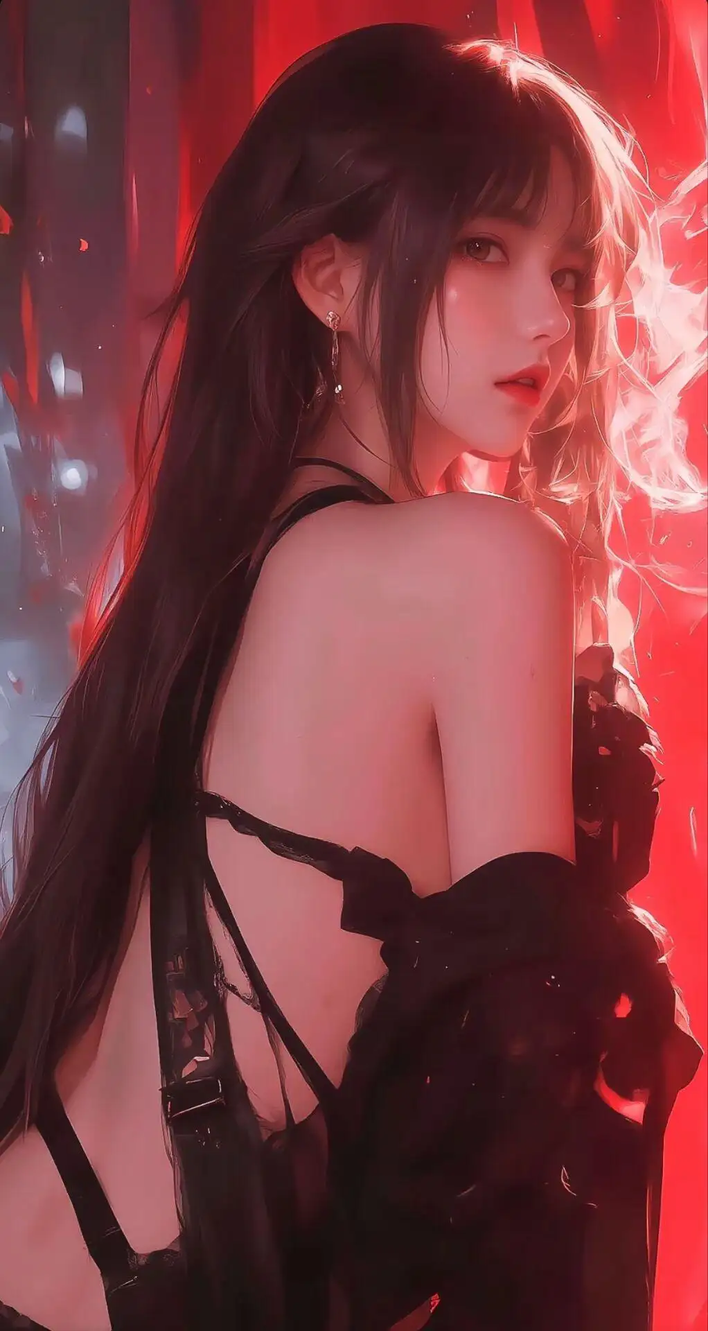 红色 浪漫 露背装AI美女侧颜背影手机壁纸