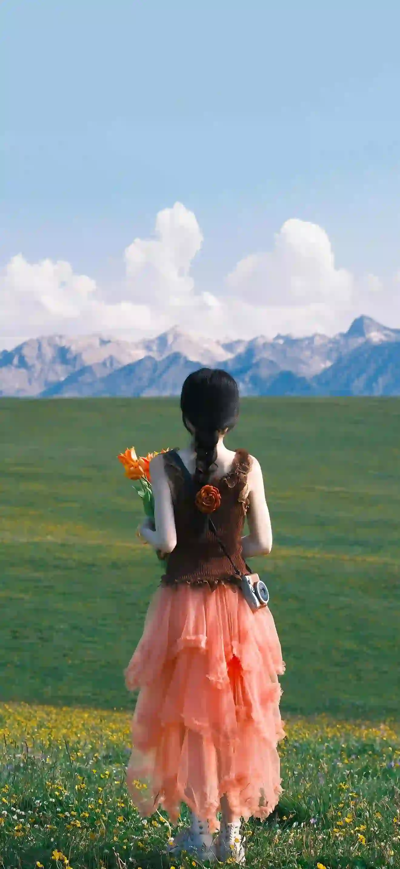 美女 长发美女 背影 山 草原