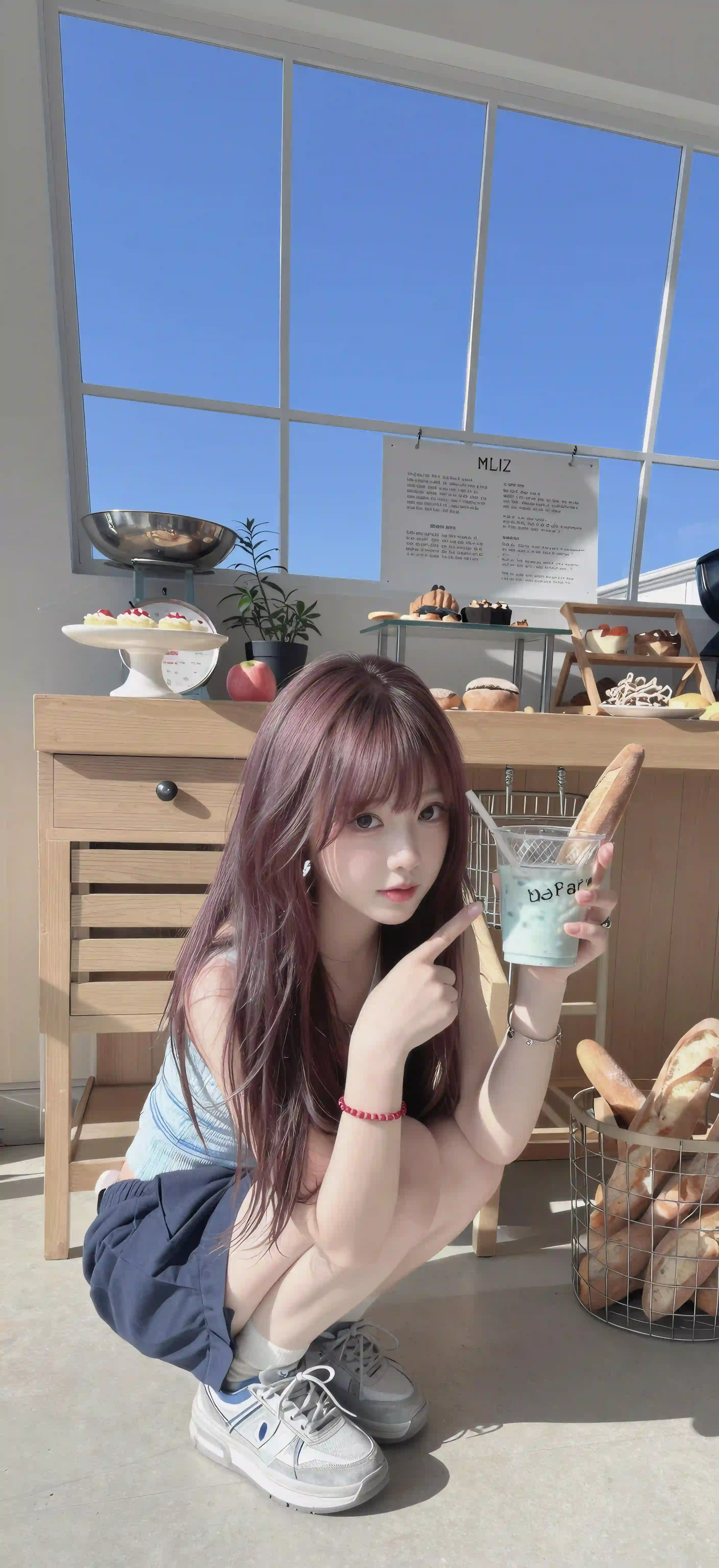 阳光烘焙店 蹲姿少女 奶茶 清新 咖啡馆 少女壁纸