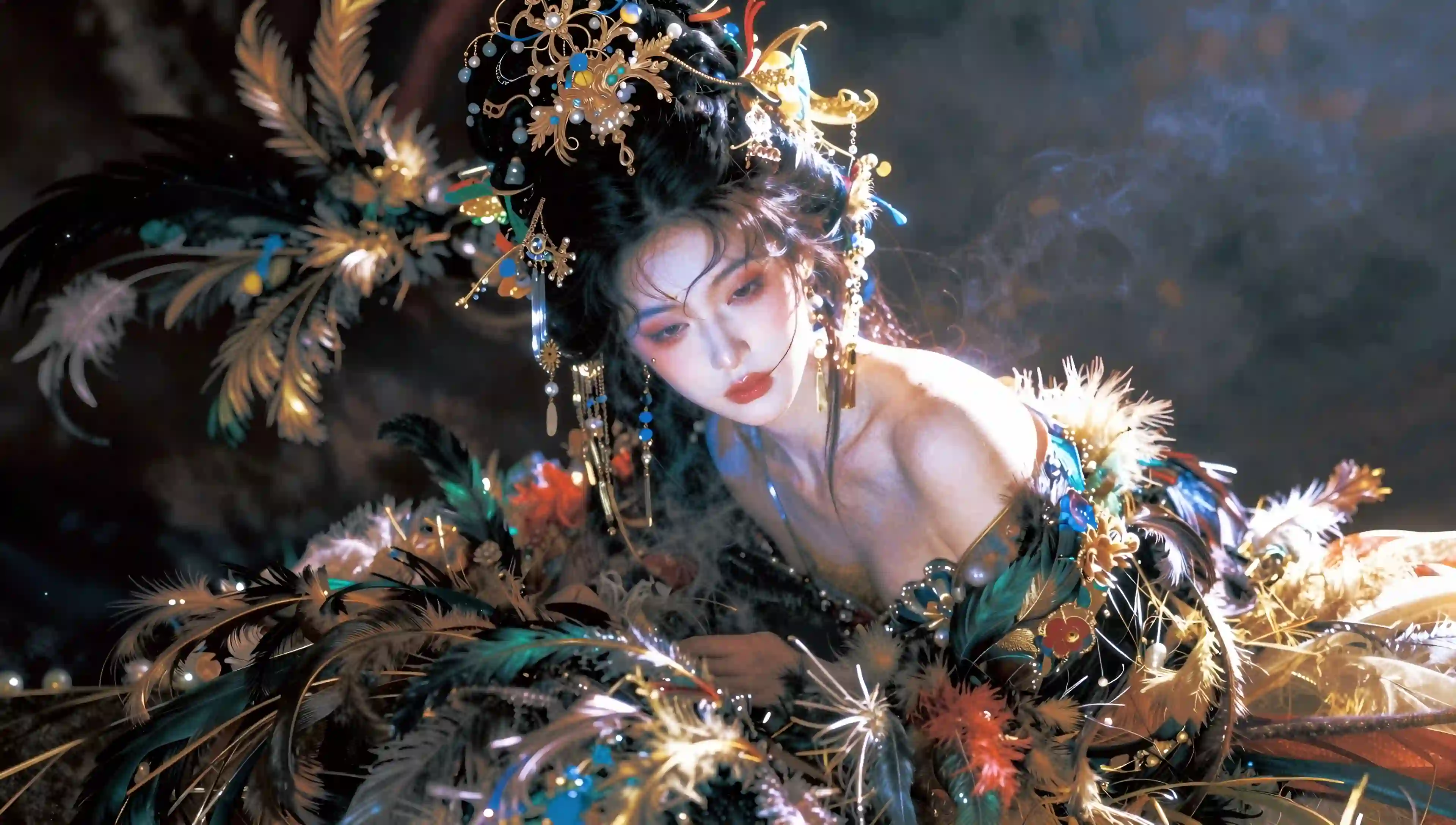 古风汉服美女 性感 羽毛 抹胸穿搭
