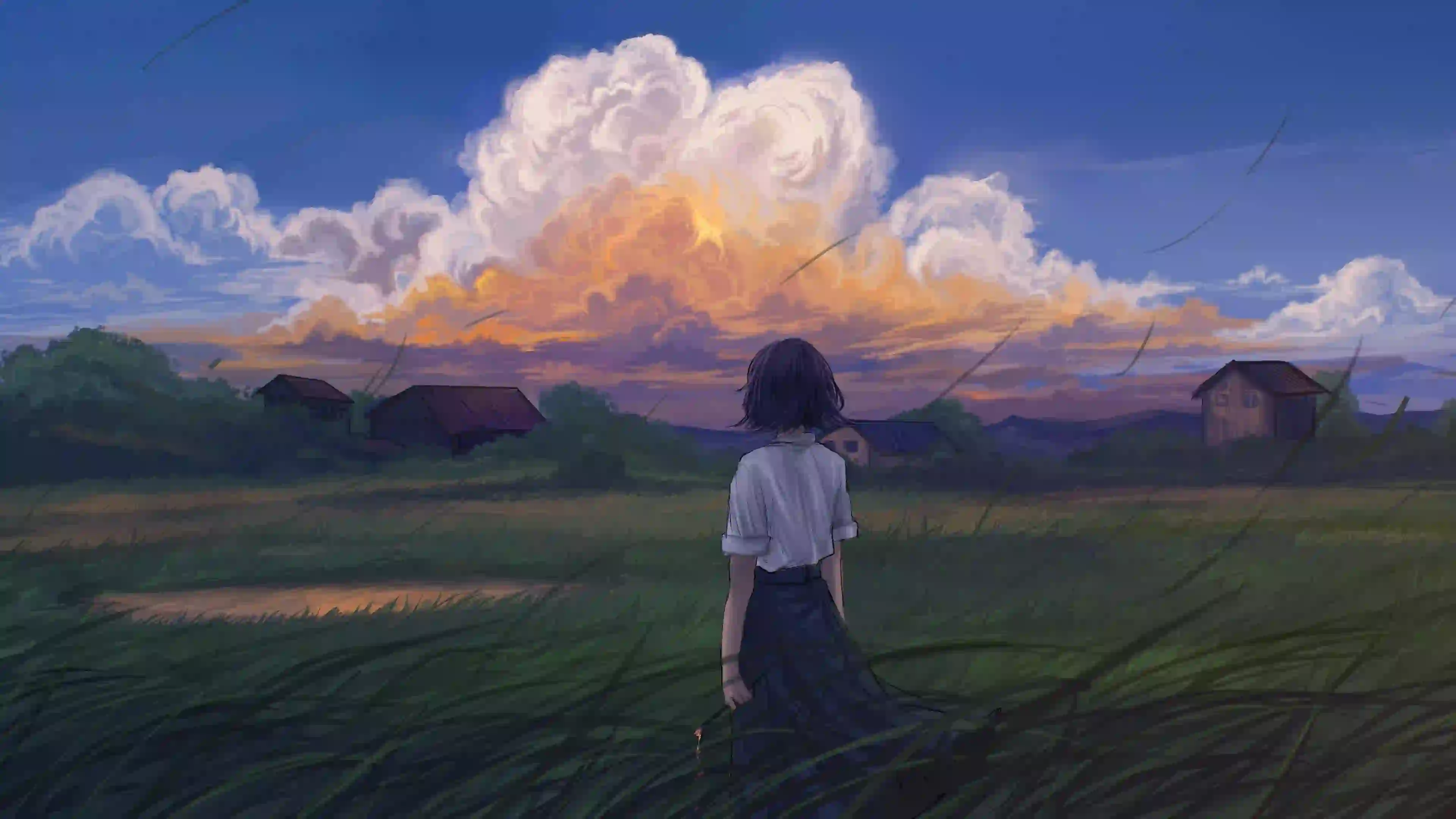 短发女生 插画风景 云朵 田野 房子 动漫 火烧云