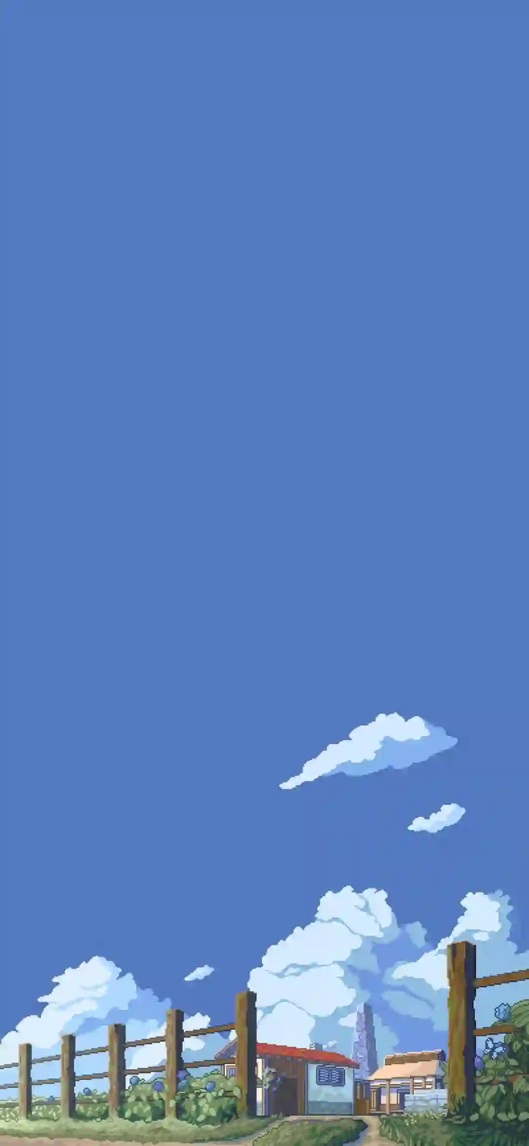 像素风 田园 乡村风景 蓝天白云 插画壁纸