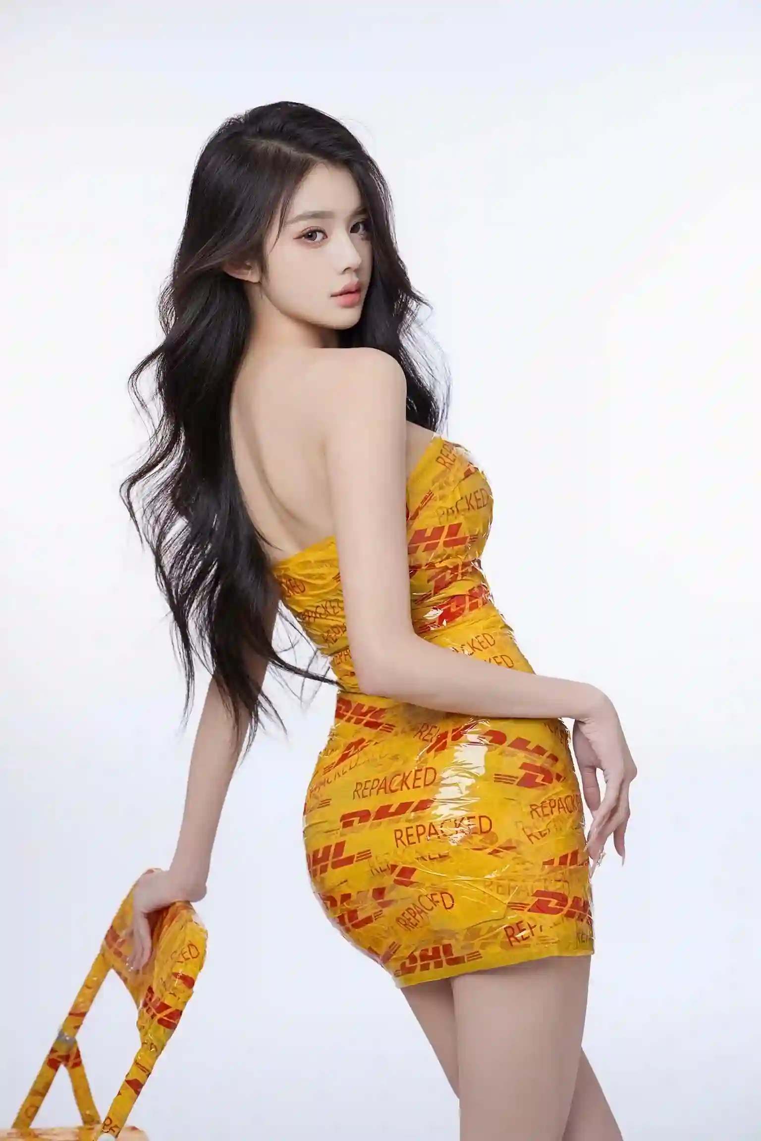 长发美女 个性 黄色胶带 抹胸美女 长腿美女