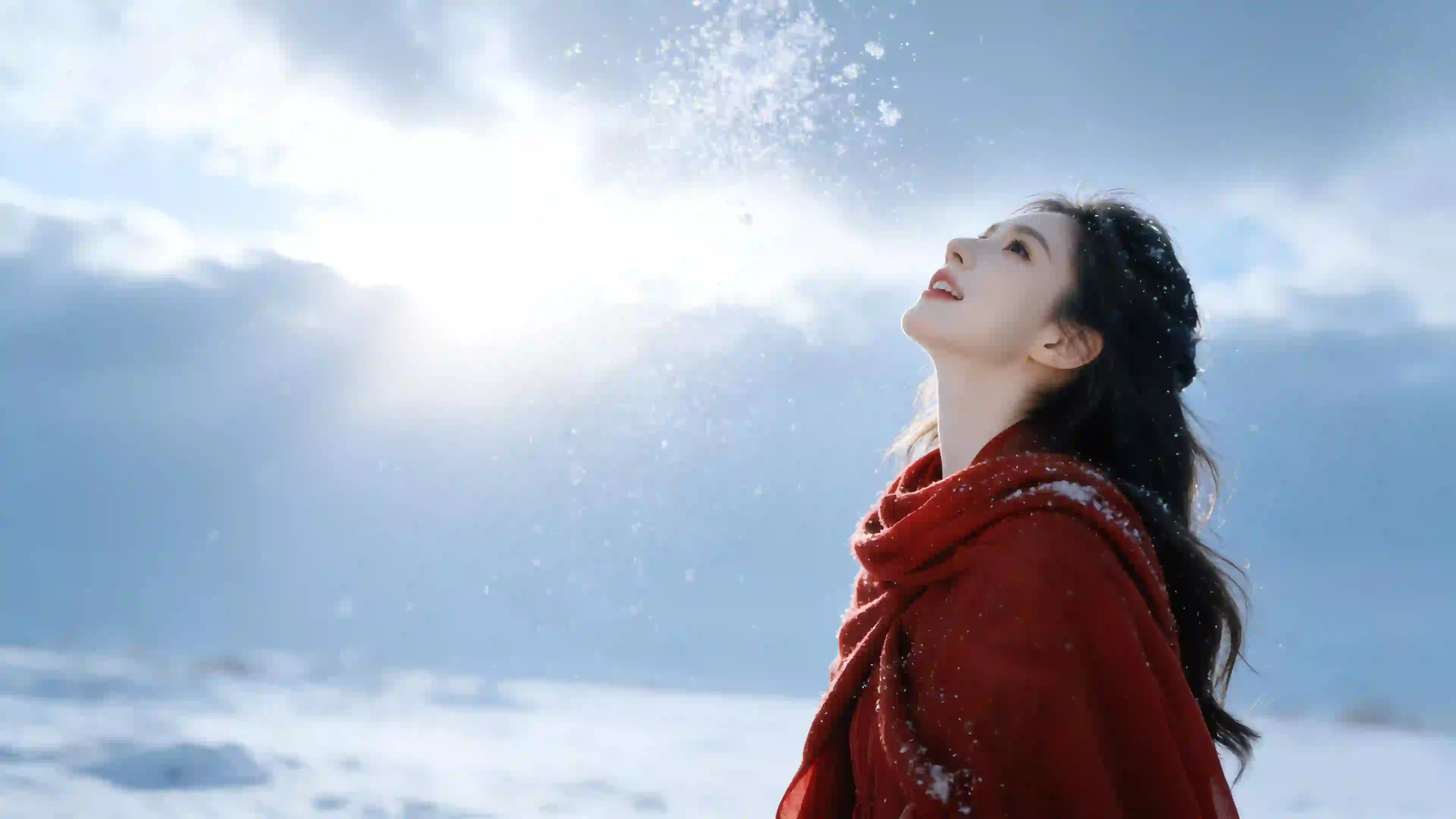 冬日雪景红衣美女抬头仰望 雪地 3