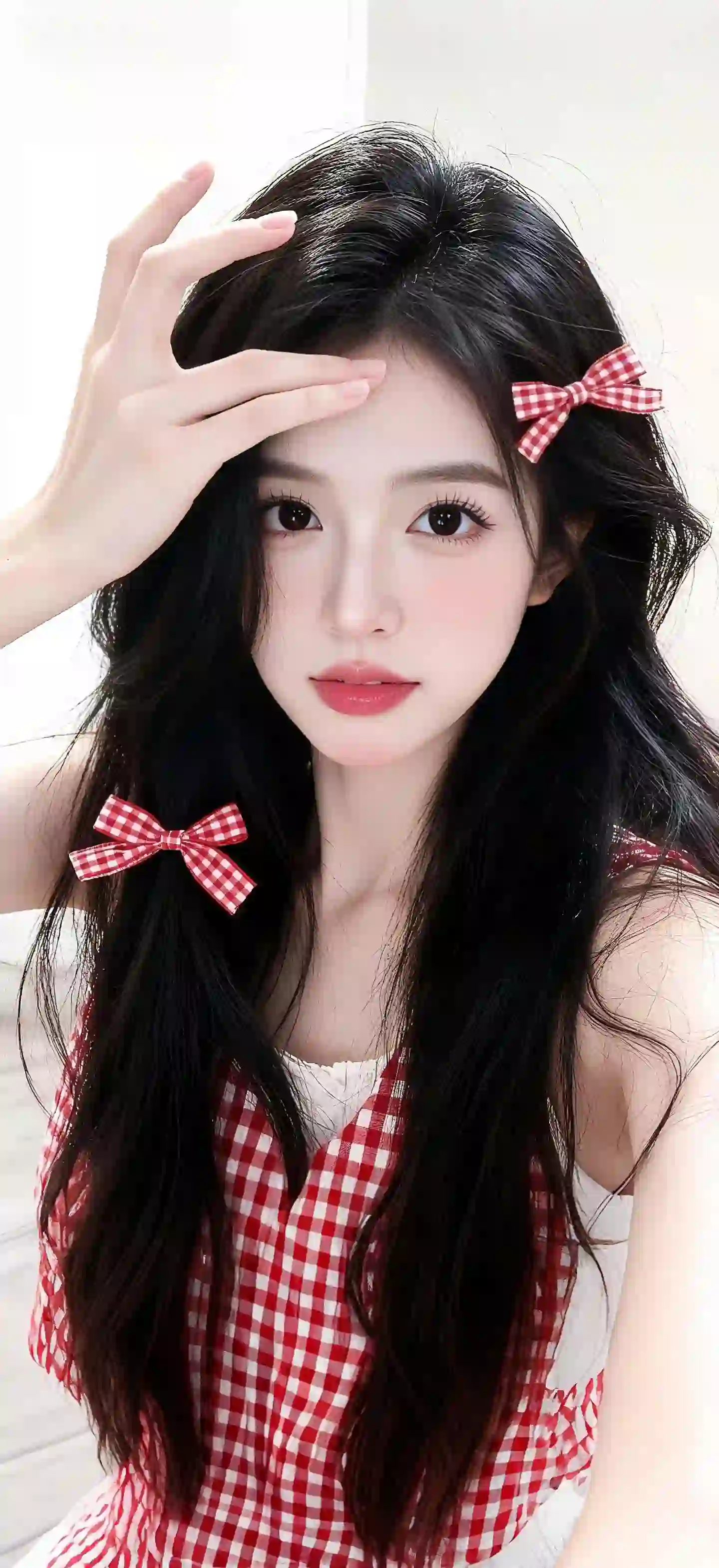 红色斑点裙 长发清纯美女 唯美 纯欲